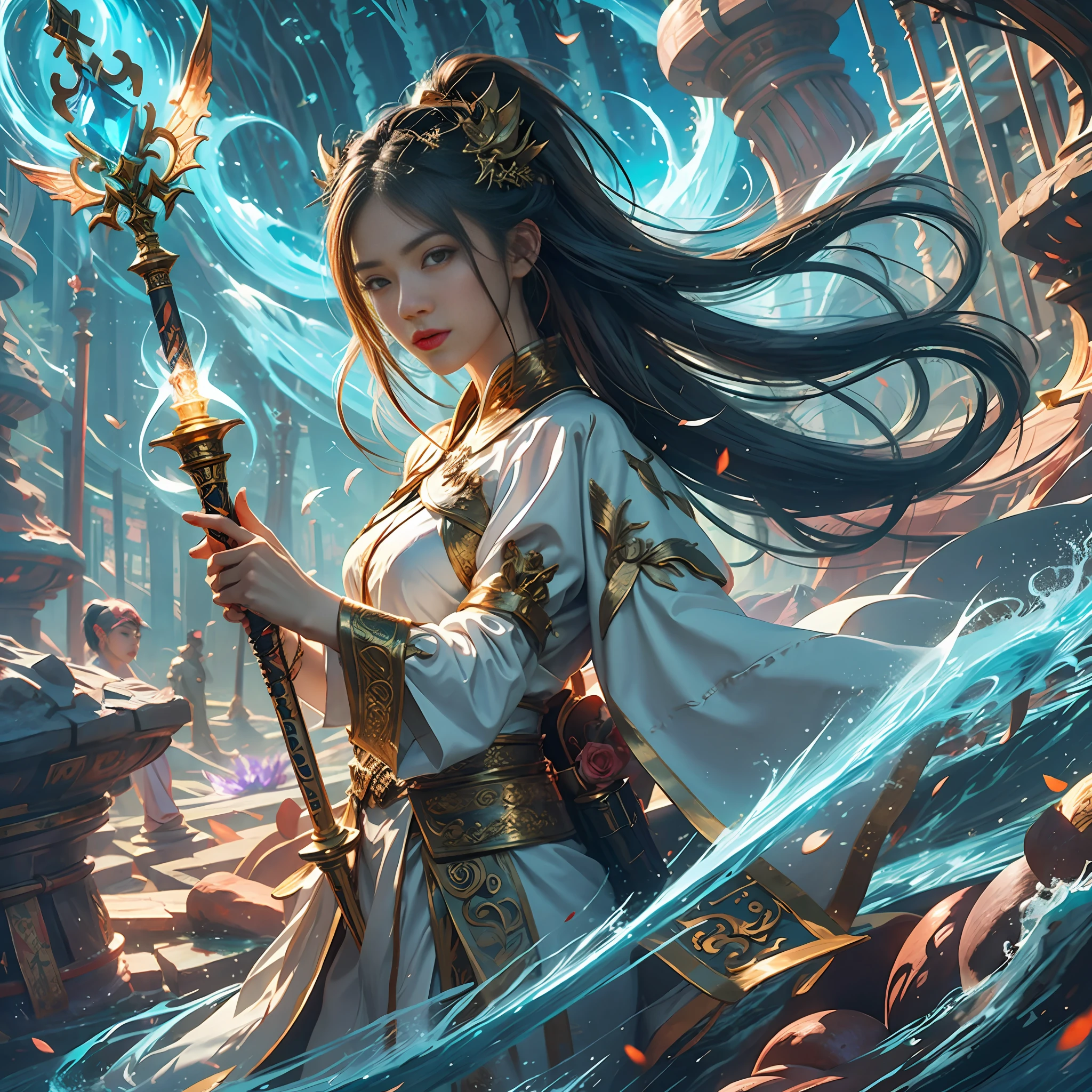 concept art inspired by Cao Zhibai，Stegosaurus coexisted，(1girl)Dressed in gorgeous fairy costumes，Armed with a spirit sword，White clothes fluttering，Beautiful and moving，The dragon churned behind him，Splashing waves，Next to it is a pool of crystal clear springs，(Artgerm style:0.9+G Liulian style:0.8)，The background presents the artistic conception of Chinese fantasy，There is also a fantasy atmosphere of swords and wands，Create a mysterious world of fairy heroes。