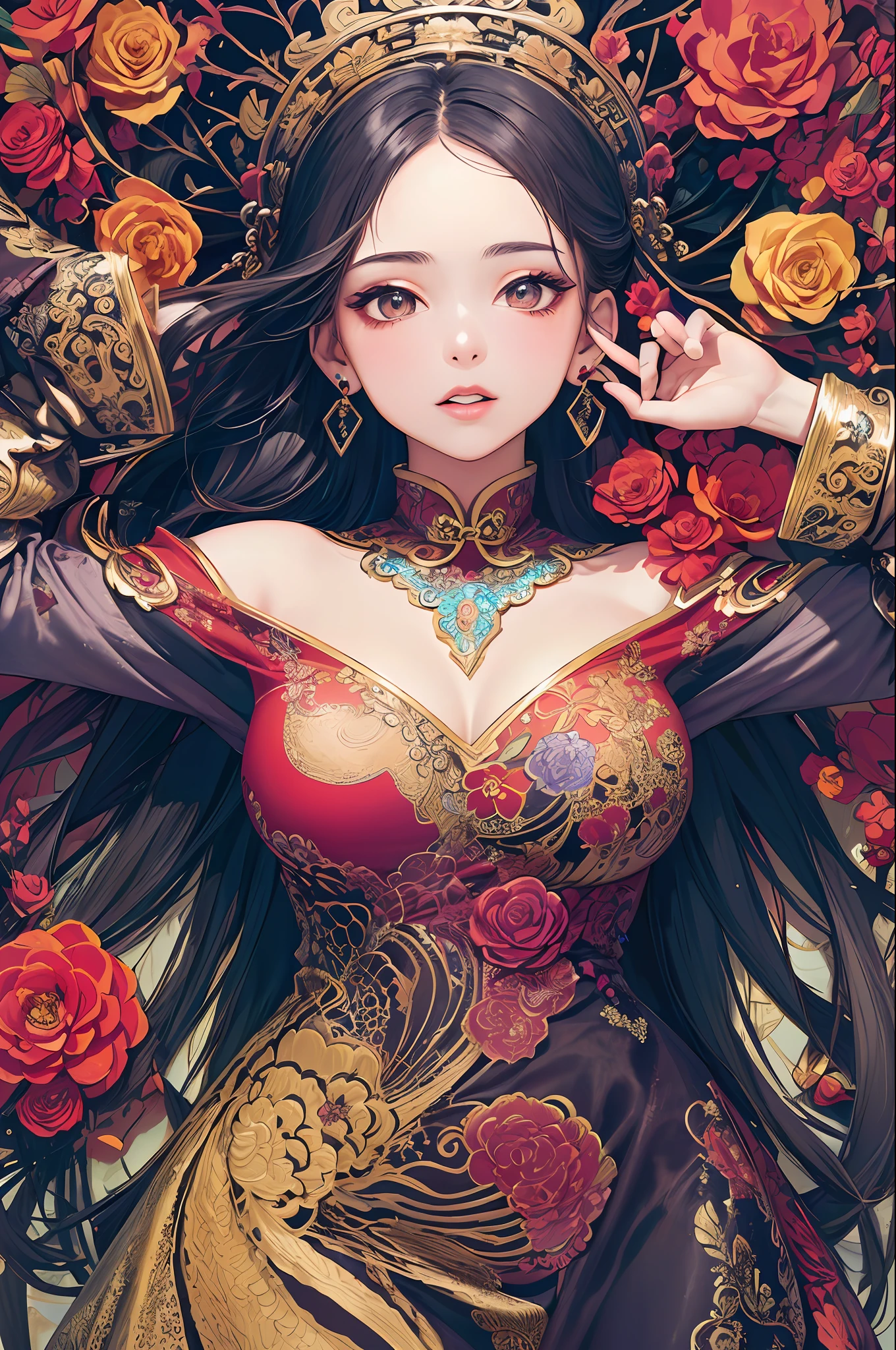 (masterpiece, top quality, best quality, official art, beautiful and aesthetic:1.2), (1girl:1.3), extremely detailed,(fractal art:1.1),(colorful:1.1)(flowers:1.3),highest detailed,(zentangle:1.2), (dynamic pose), (abstract background:1.3), (chinese dress:1.2), (shiny skin), (many colors:1.4), ,(earrings:1.4),