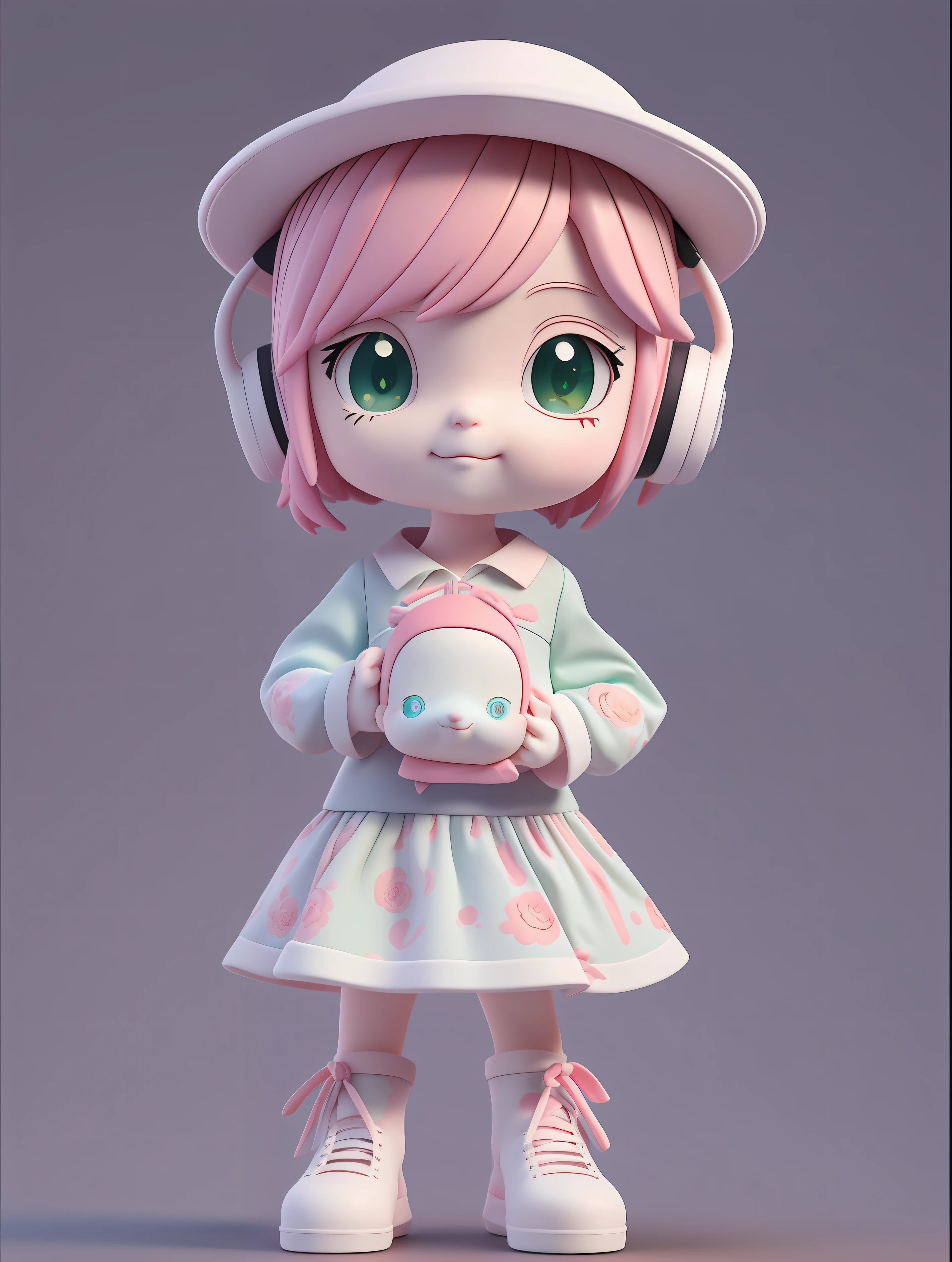 a Super cute girl ,Pink hair,Wearing a floral dress,wearing boots,Big watery eyes,Full body,see viewer,Open hands，MD clothing, clothing wrinkles，elated,gentle illumination, Soft lights,Clean background,Dreamy,Excited,Super cute girl IP is popular,Bubble Mart ,High detail ,hyperquality,Bright color,mockup blind box toy,Disney style ,Yellow,Green,fine luster,a 3D render,OC Render,Best quality ,bright,Front lighting,Face shot,fine luster,ultra detoiled ，8K