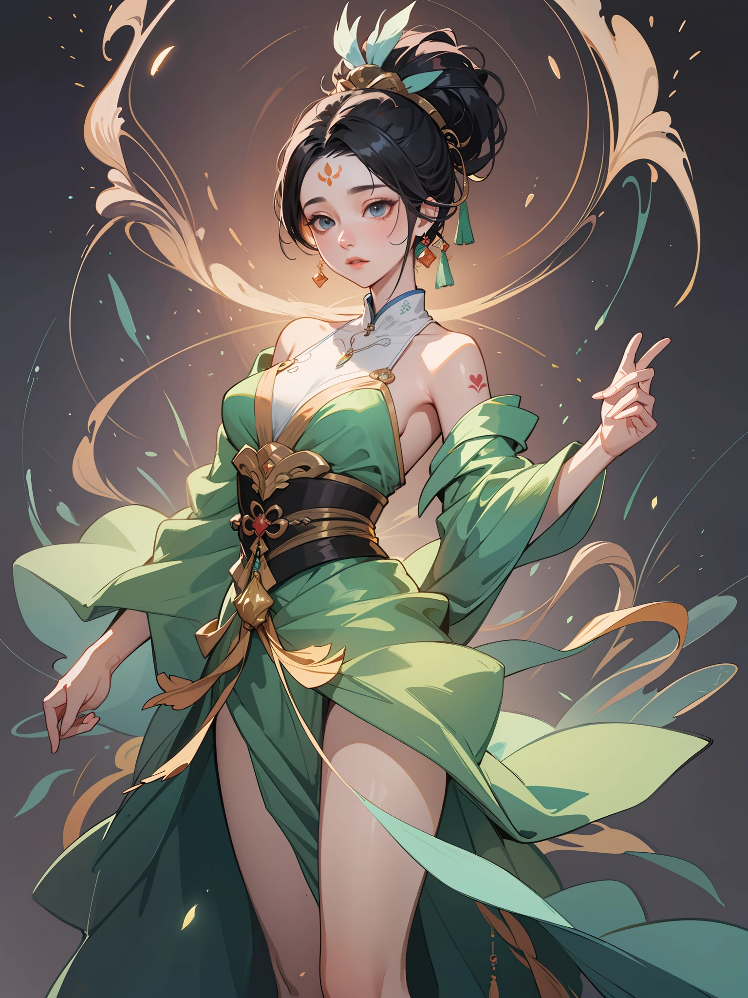 An ancient Chinese dancer, charming expression, full body, amazing facial features, flowing skirt leaking neck and shoulders, loose tunic, intricate design, butterfly tattoo, white background, game model, stunning lighting, C4D, OC rendering, movie edge light, light detailed, masterpiece, ultra detail, epic composition, super HD, high quality, highest quality, 32k