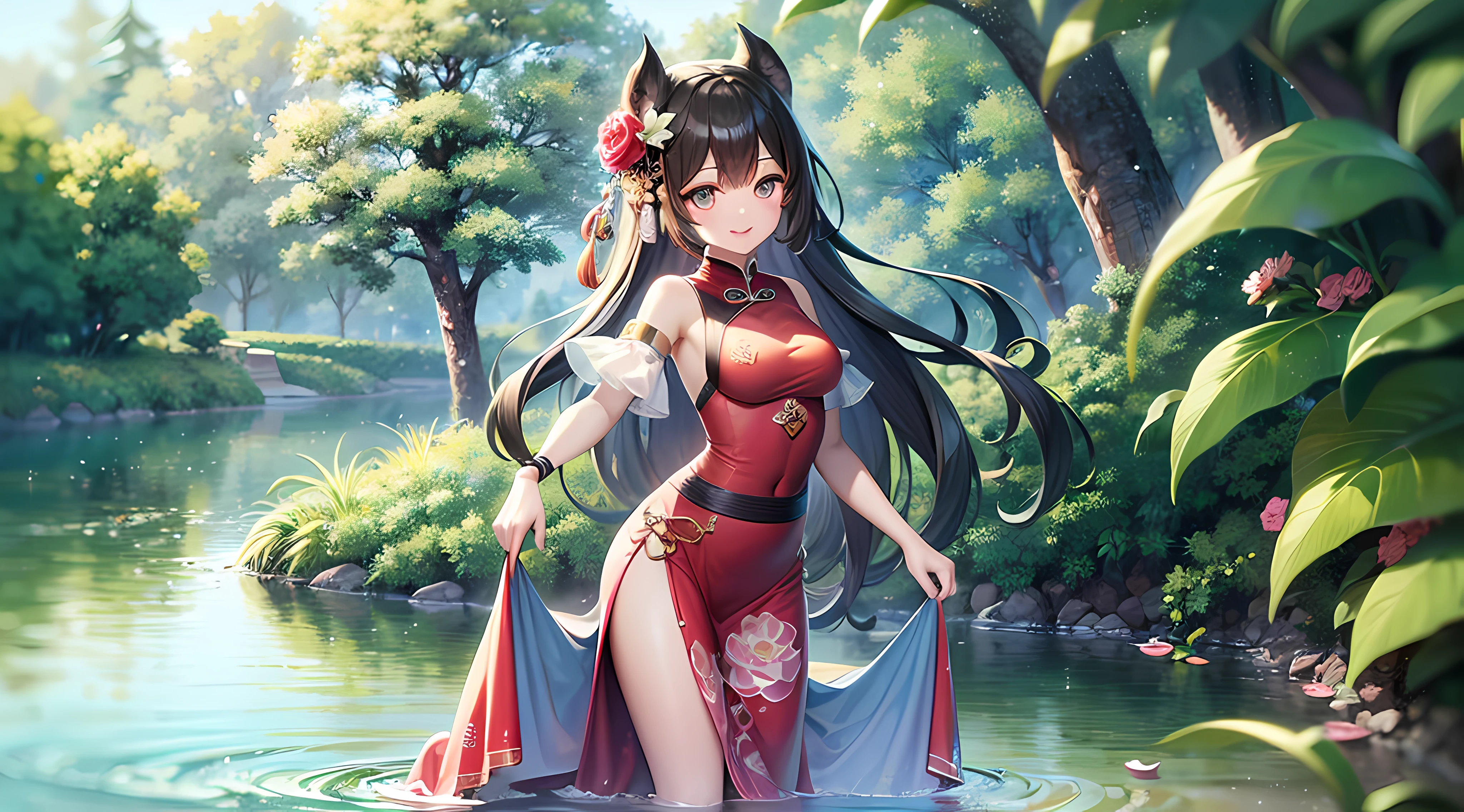 Best Picture Quality((4K,巨作,Best quality)),Shuimobysim Chinese painting,lotuses,Hanfu,maxikit,Dress conservatively,A girl with long blue hair,Smile with,Stand in the water,A barefoot。