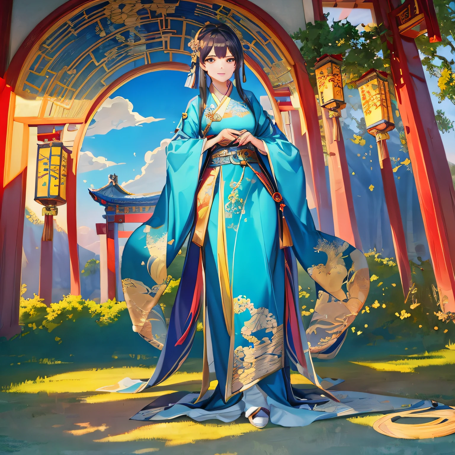 anime girl in blue dress standing in front of a gate, royal palace , A girl in Hanfu, Onmyoji detailed art, Artgerm and Atey Ghailan, anime fantasy illustration, onmyoji, Guviz-style artwork, 《genshinimpact》in the clear, Beautiful character painting, G Liulian art style, stunning art style