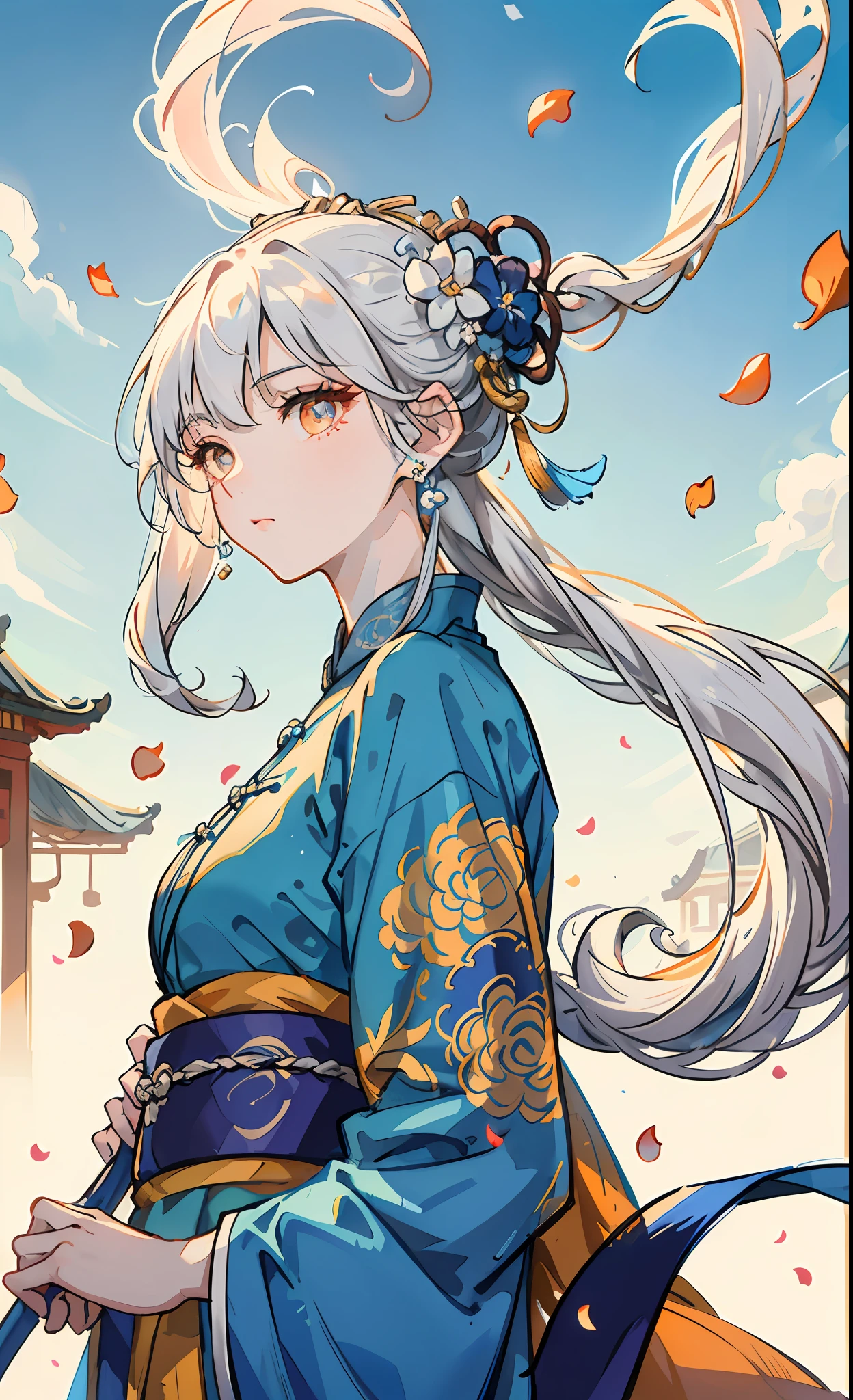 Mature girl, orange eyes, blue-white hair color, floating hair, delicate and flexible eyes, intricate damask hanfu, gorgeous accessories, wearing pearl earrings, fov, f/1.8, masterpiece, ancient Chinese architecture, blue sky, flower petals flying, front portrait shot, Chang'e, side lighting, sunlight on people, 8K