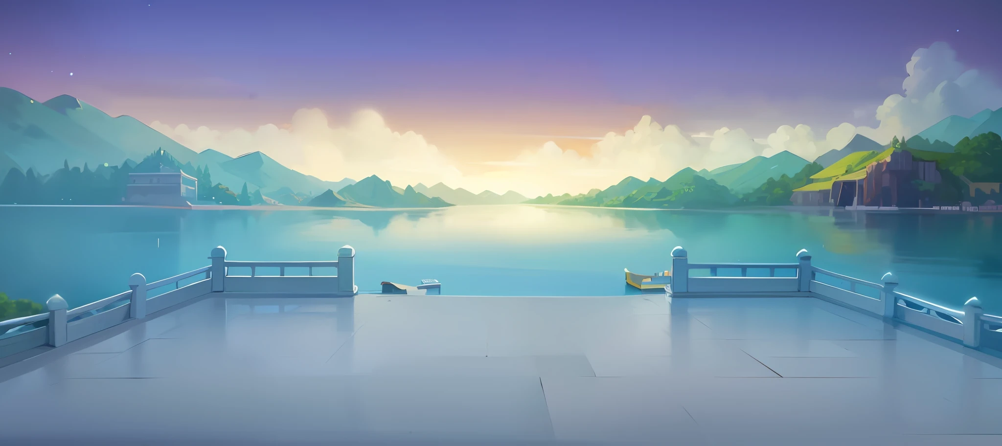 there is a view of a lake and mountains from a bridge, palace background, arte de fundo, Anime background art, Lake background, background environment. 8 k'', anime backgrounds, port scene background, beautiful lake background, 2 D game art background, Detailed scenery —width 672, island background, game background, Anime landscape wallpaper, background artwork, scenery background,ancient Chinese,Antique architecture