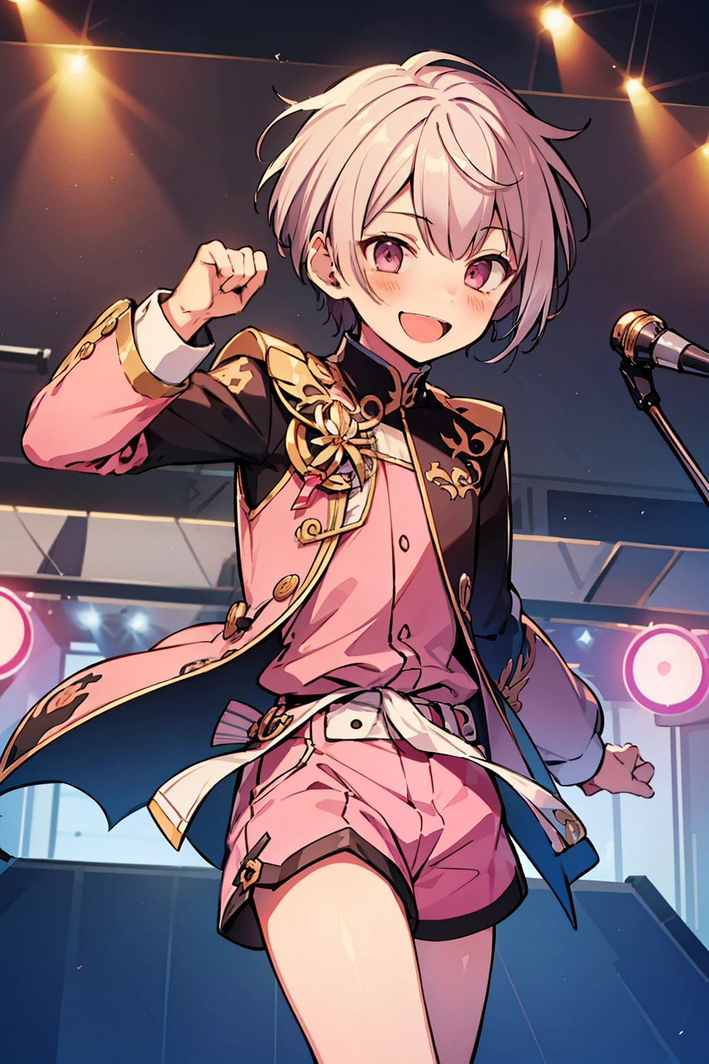 (high-quality, breathtaking),(expressive eyes, perfect face), 1boy, male, solo, short, young boy, white hair, pink eyes, smile, pink idol outfit, shorts, on stage