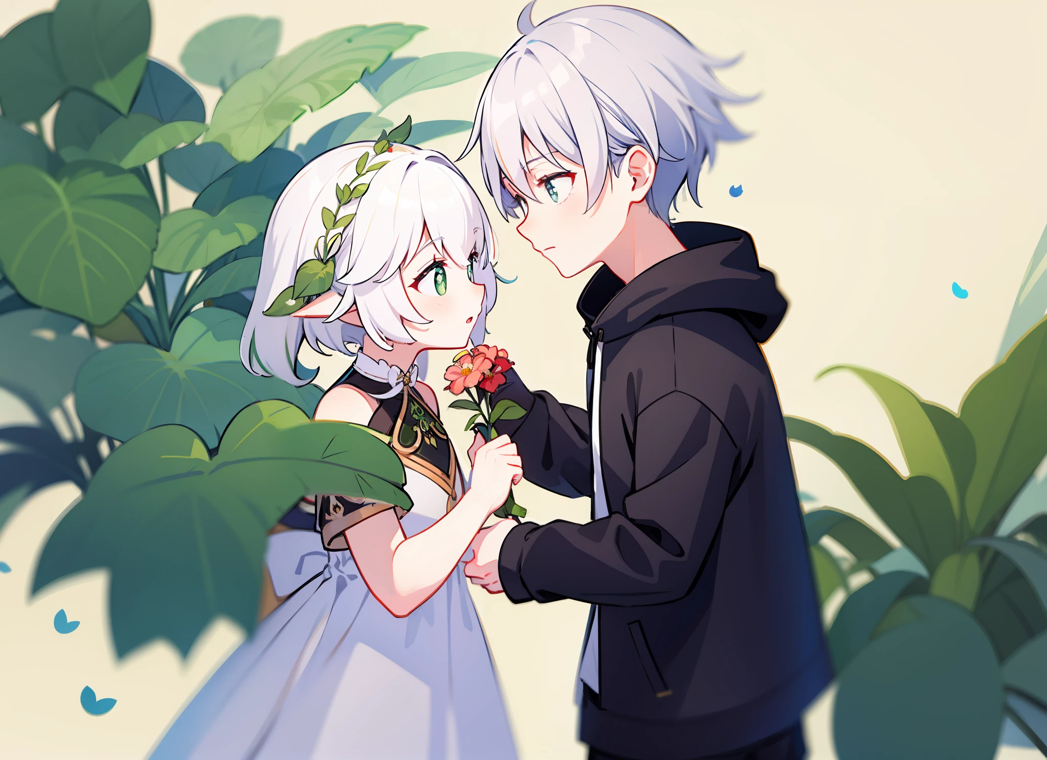 styled， masterpaintings， optimal quality， Special details， illustration， Romance，Tuuli，florals，Lover holding flowers，Atmosphere of love，Fresh tones，Simple background，Girls have long white hair，Wear it together，The boy has short white hair，Wearing white casual clothes