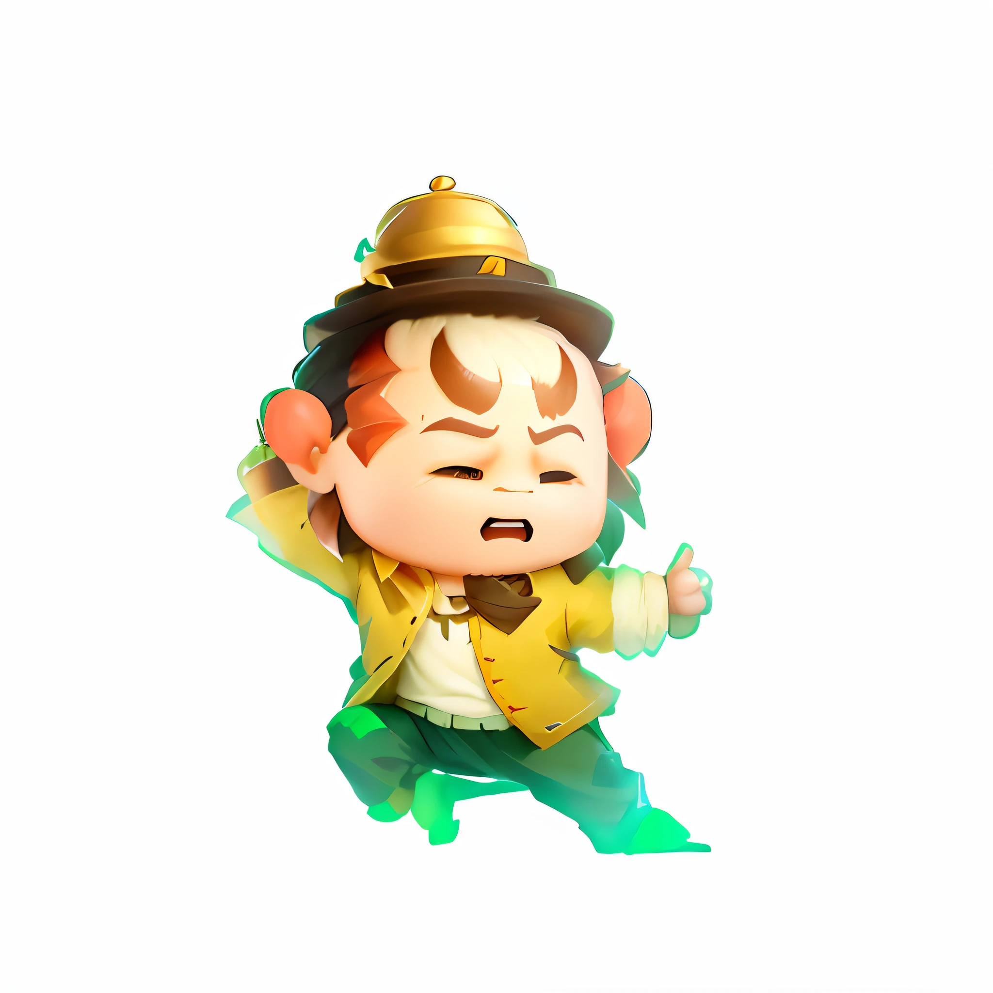 there is a small figurine of a man with a hat and a green jacket, character art of maple story, inspired by Pu Hua, Inspired by Hu Zaobin, inspired by Gong Xian, high quality character design, maple story indiana jones, inspired by Zhang Sengyao, zhongli from genshin impact, Character artwork, inspired by Dong Yuan,Small golden hat