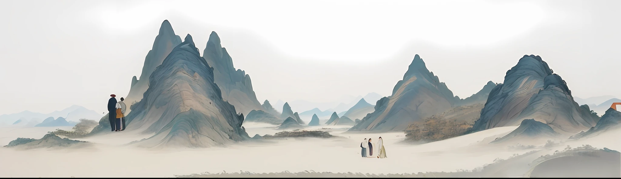 There is a painting of a mountain,There is a man on it, Detailed landscapes,Eat Zhuoxin, painting of a sand landscape, an ultrafine detailed painting,