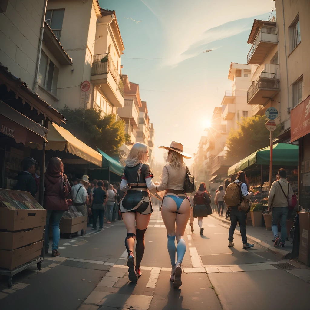 A captivating view of comics and cosplayers convention ,Profundidad de campo, de abajo hacia arriba, , public square, Comic Shops, carteles, banderolas y gente caminando, capturando la esencia de este mundo vibrante, Detalles intrincados, escena profunda, summer morning, Excellent lighting, Vista cautivadora, Impresionante estilo de anime, Obra maestra , best angle , Viejas vibraciones, fiesta, calle, trees, perspectiva, DESCANSO alrededor de la multitud:1.1, Profundidad de campo, de abajo hacia arriba --auto