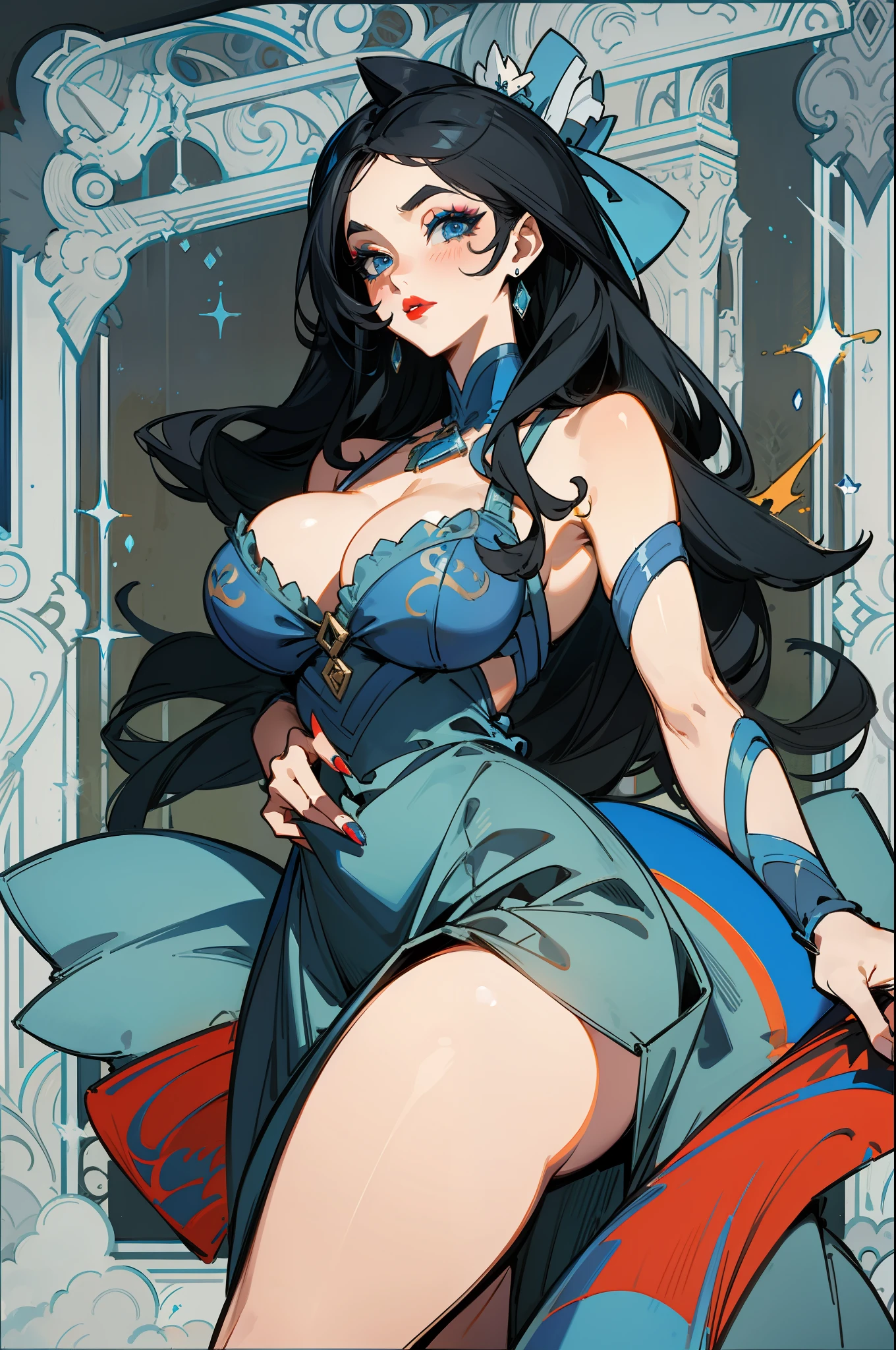 A sensual woman with long black hair, large breasts, thick thighs, blue eyes, makeup, red lipstick on her lips, shuddering beauty, seductive look, wearing a blue dress, multiple poses, shapes and expressions, hair in the wind.