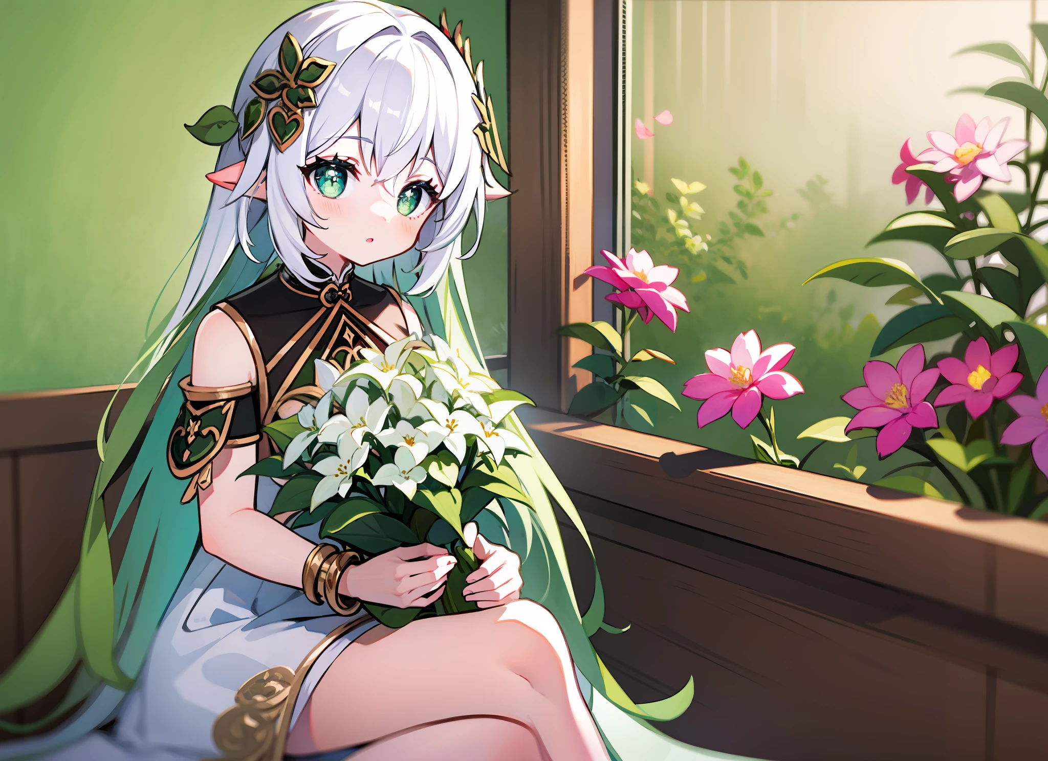 styled, masterpaintings, optimal quality, Special details, illustration, Romance,Tuuli,florals,Lover holding flowers,Atmosphere of love,Fresh tones,Simple background,Girls have long white hair,Wear it together,The boy has short white hair,Wearing white casual clothes