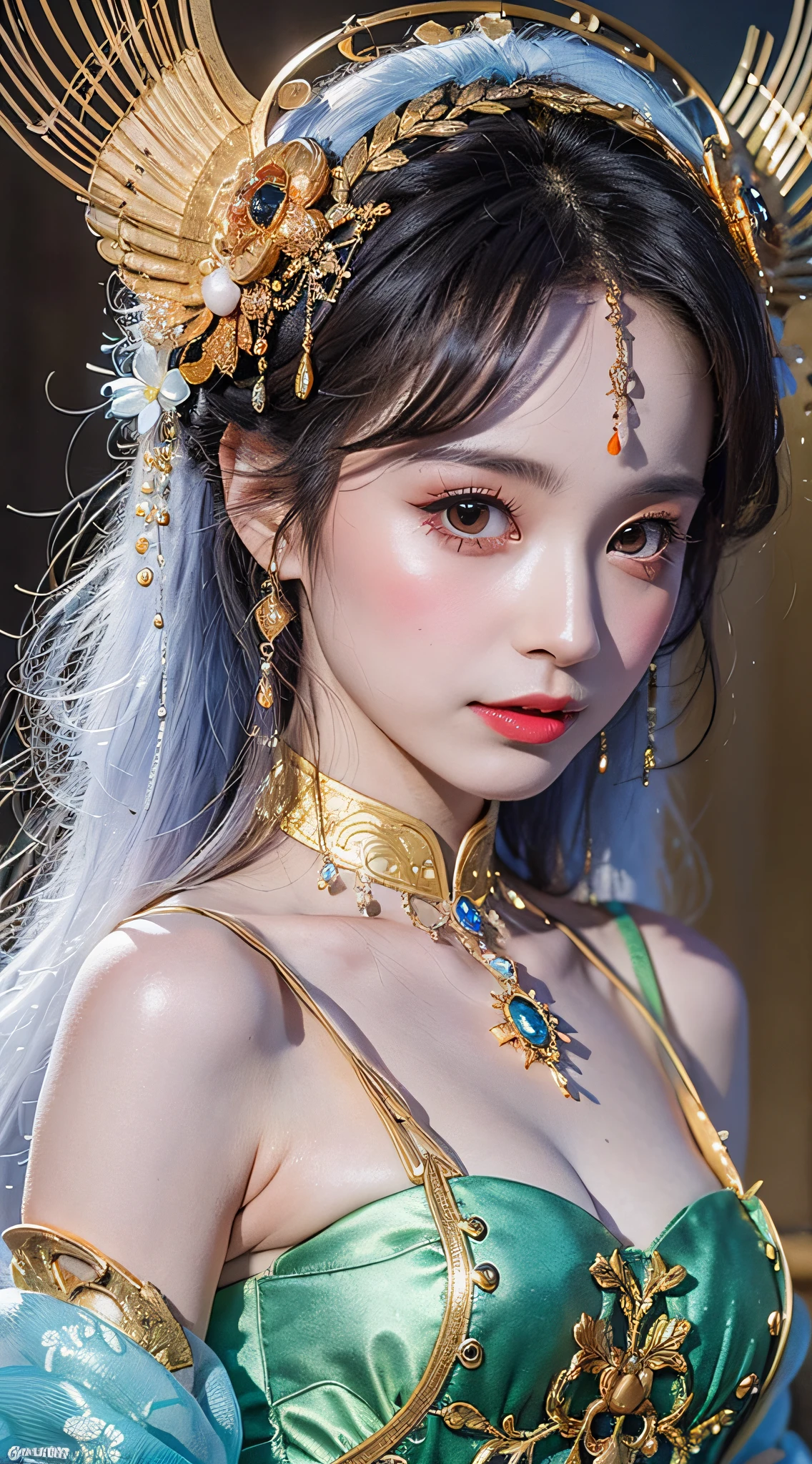 （Shy：1.3），(8K, OriginalPhoto:1.2), Best quality, ultra-high-resolution,Dramatic angles,(fluttered detailed color splashs), (illustration),(((1 girl))),(Long hair),(Rain:0.9), (head piece:1.4),There is an ancient palace beside the girl,Hanfu,(focal point)， 巨作, Best quality, beautiful painted, highly-detailing,(Denoising:0.6),[Splash ink],((ink refraction)), (Beautiful detailed sky),Moon,highly,A detailed,(巨作, Best quality, Extremely detailed） CG Unity 8k wallpaper，masterpaintings，the best quality，Ultra-detailded），（Stone garlic），