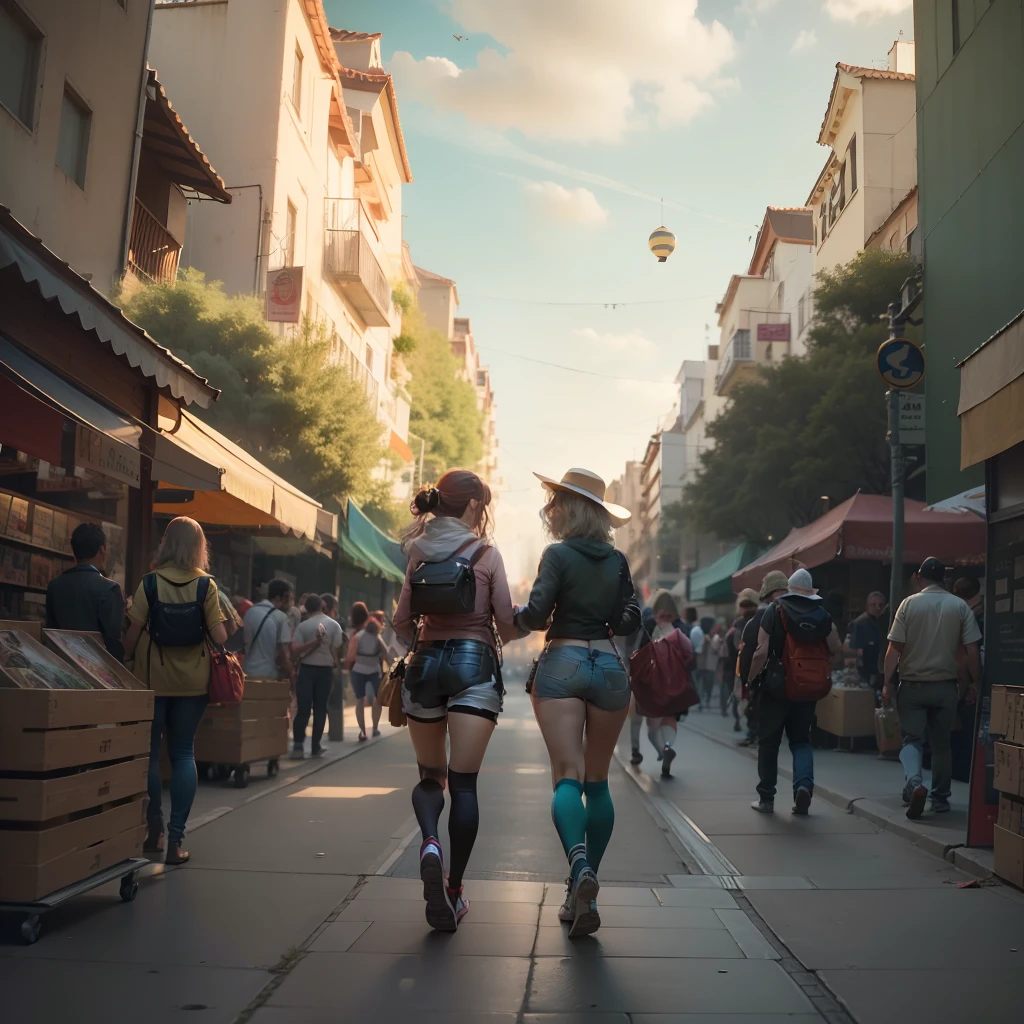 A captivating view of comics and cosplayers convention ,Profundidad de campo, de abajo hacia arriba, , public square, Comic Shops, carteles, banderolas y gente caminando, capturando la esencia de este mundo vibrante, Detalles intrincados, escena profunda, summer morning, Excellent lighting, Vista cautivadora, Impresionante estilo de anime, Obra maestra , best angle , Viejas vibraciones, fiesta, calle, trees, perspectiva, DESCANSO alrededor de la multitud:1.1, Profundidad de campo, de abajo hacia arriba --auto