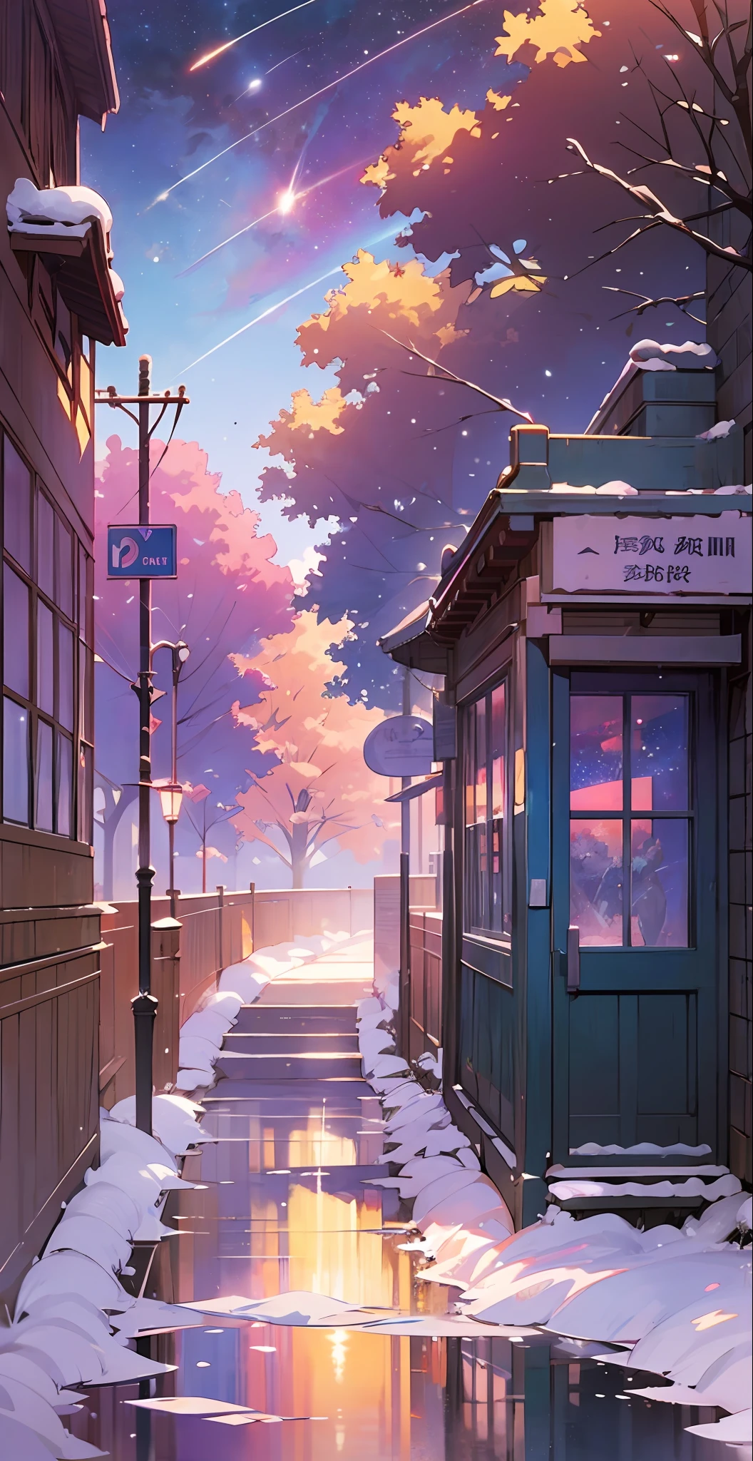 No Humans、yuki、Afternoon light、squirmi、Winter tree、Doors Everywhere、Makoto Shinkai's concept art、tumblr、magic realism、beautiful anime scene、Space sky。Makoto Shinkai、((Makoto Shinkai))、anime background art、Anime Background、style of makoto shinkai、anime movie background、No Humans。