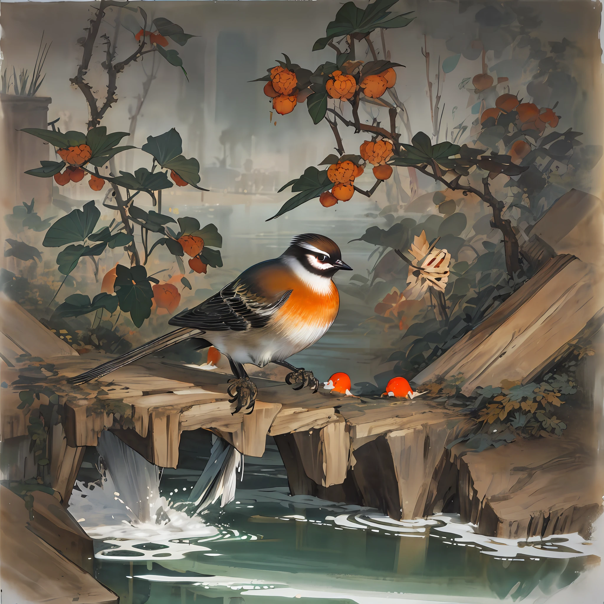 water ink，Scenery of Lake Humber Chinese Bird Rest Sword，steins，Melted，abstracted，dust，water splash，bugger，The bird，tree branch，looking at the spectator，Yellow eyes，red footwear，brown  hair，Traditional media，