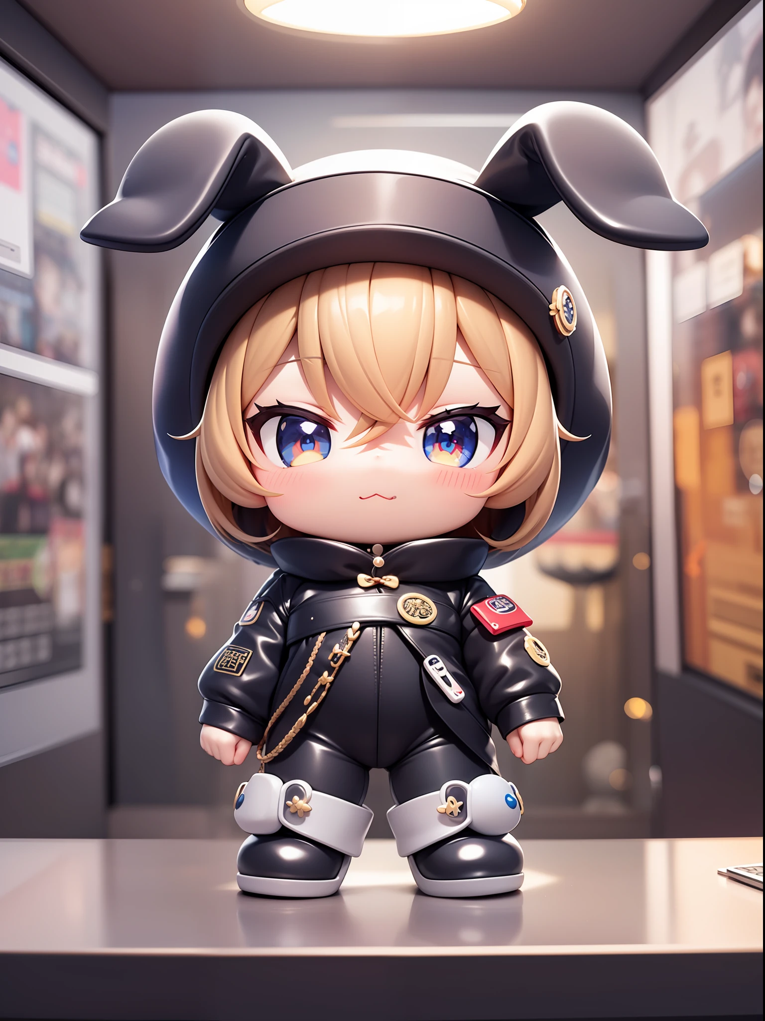 PopMart blind box IP，Chinese zodiac，Whole human body，Super cute boy wearing a bunny shaped hat，Technology elements，Stylish clothes，Streamline 3D/C4D production：8K HD quality/The lighting/Ultra-detailed lens depiction1.5，flawless perfection，Chibi background/SENSE OF CINEMA。