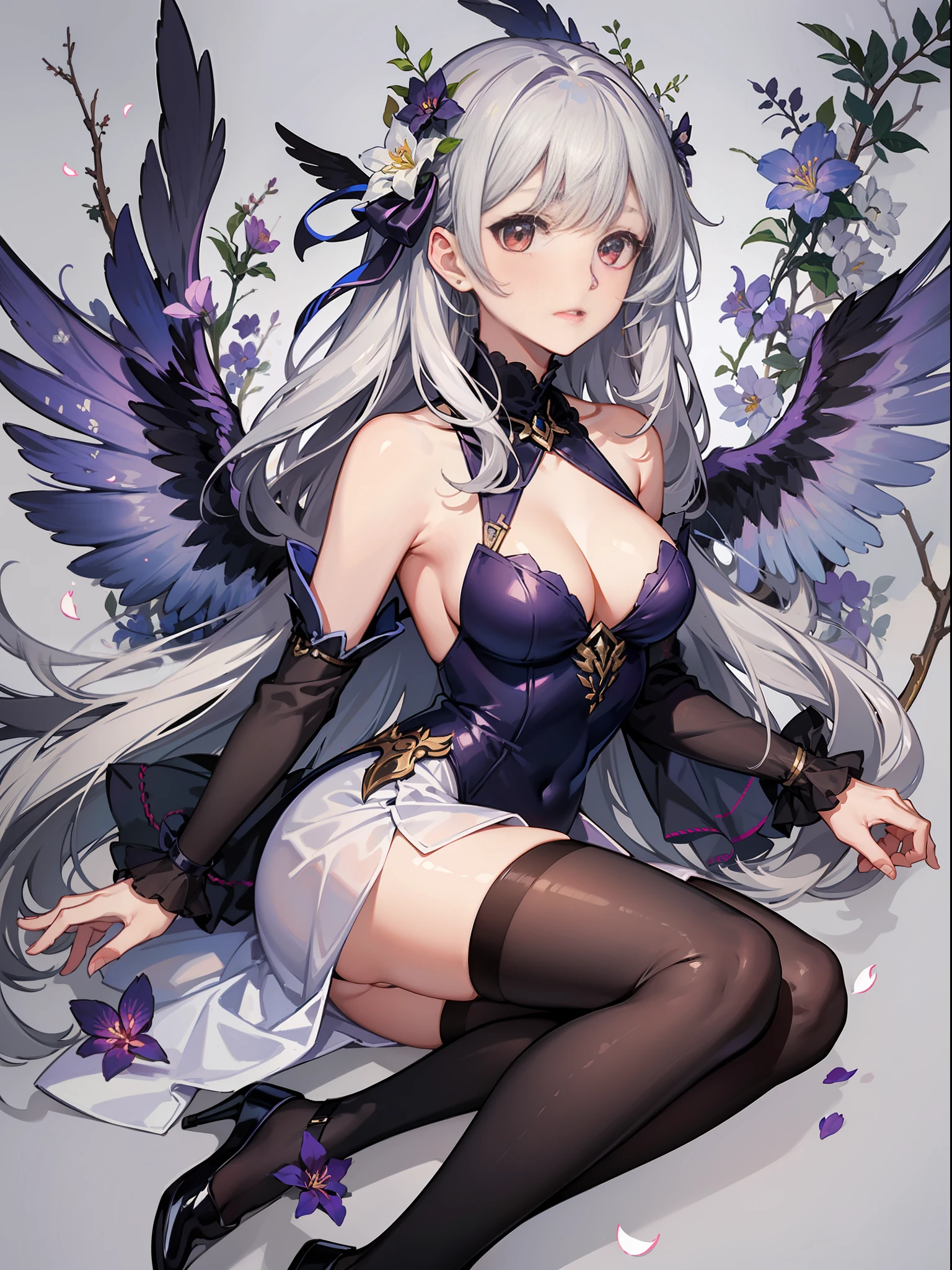 silverlong hair,tits,lookingat_peeping at the viewer,Blushlush,bangss,Long sleeves,cleavage dress,Cleavage,Exposed shoulder,medium boob,blossoms,Gray hair,Lips,Separate the sleeves,wings,Flowering,red - eyed,black leagwear,No shoulder strap,Separate collar,no shoulder straps dress,cinamtic lighting,Strong contrast,High level tail,optimal quality,masterpaintings,White background,Full body photo,Black tights