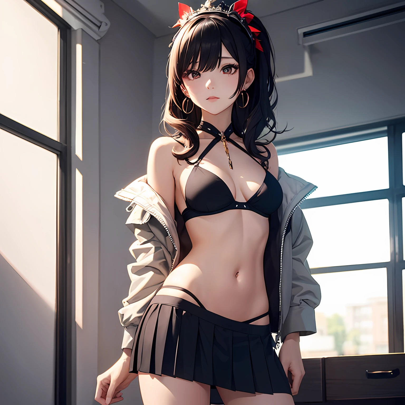 masterpaintings, beste-Quality, 1girl huge large breasts, 独奏, Complicated details, color difference), (realisic),(The skin), 1 girl Shizuku high ponytail, ((Medium breathing)),(black har,bluntbangs),Detailed hair,Red headdress,Blue highlight, Hair is more than one eye,red eyes, Small earrings, sharp sharp eyes, necklac,((Black crop top cutout)),(Symmetrical eyes),(Perfectly symmetrical body),((natural lights))), The light from the back window is backlighted,To gray walls, dimly lit by,are standing,(looking at the spectator),((Center the lens,from frontal,(Face and waist)Visible chest line Deep V realistic, high resolucion, 1 girl, Black wavy hair, small mole under eyes,Camisa blanca, Black pleated skirt, Distinct chest line, Long legs, Tightens abs,dynamicpose,Catwalk Bust line Black pleated skirt Wearing a jacket to reveal a white bra Showing belly button eyes High ponytail Big breasts --auto