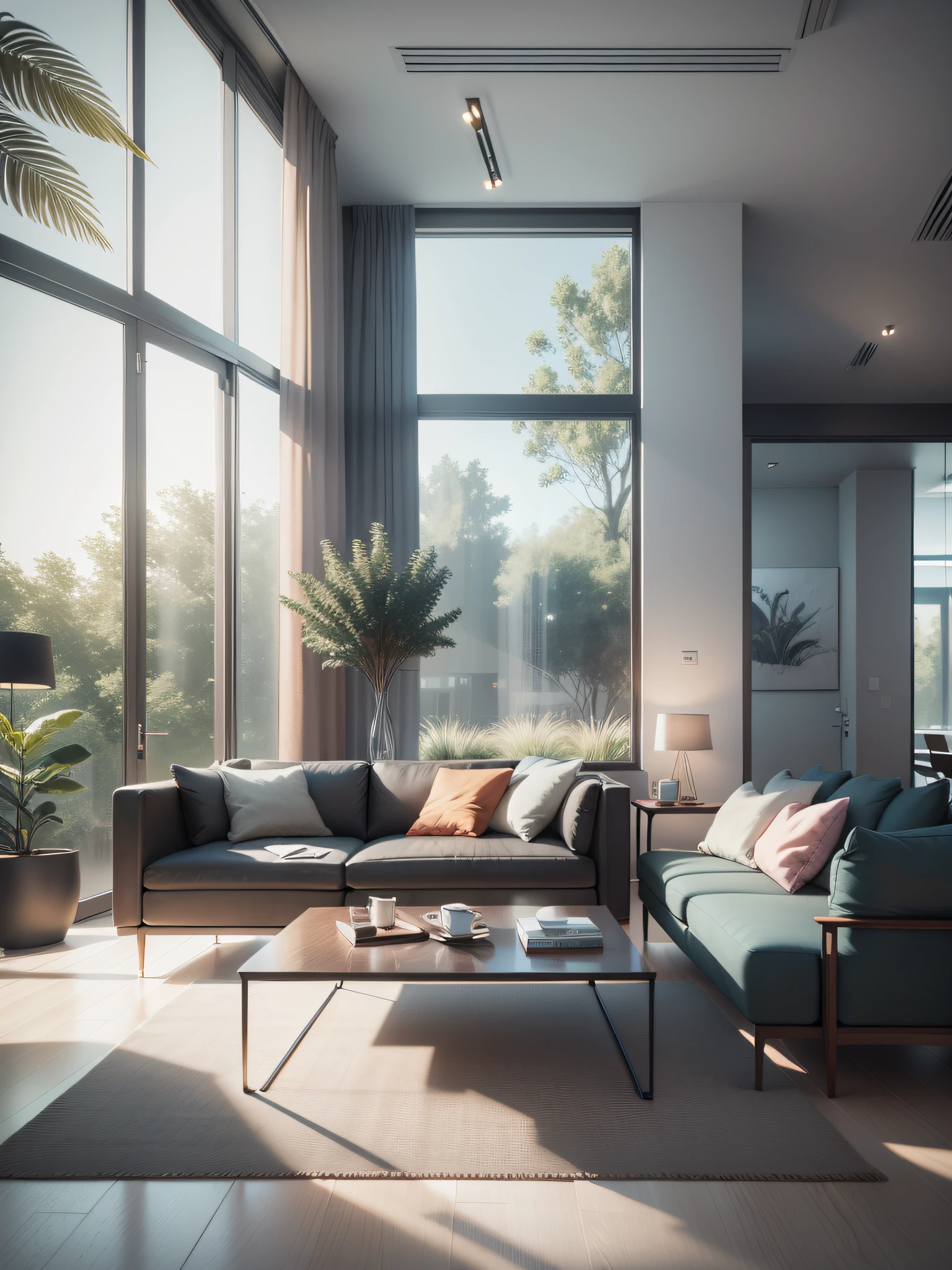 Modern living room view with large floor to ceiling windows, office furniture, Cube living room,product render, professional render,a sitting living room ,big window,floor to ceiling window, CG rendering, ultra high def, Award-Awarded