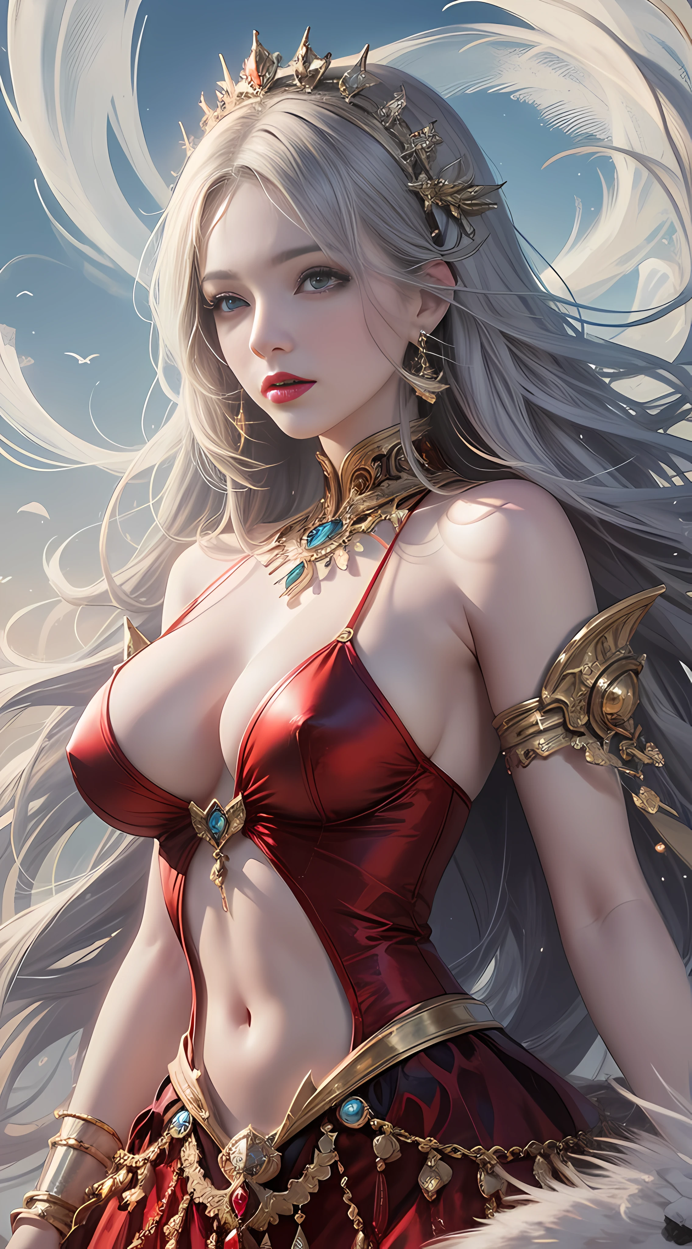 Ultra high quality,8K,Girls do not show their breasts,Do not show your chest,High cold wind,red lip,The head proportions are perfect,silverlong hair,Princess dress red and white color scheme,Swan neck,and the sun is shining,necklace of diamonds,The body is well-proportioned,The color of the clothing is bright, High saturation,High detail depiction