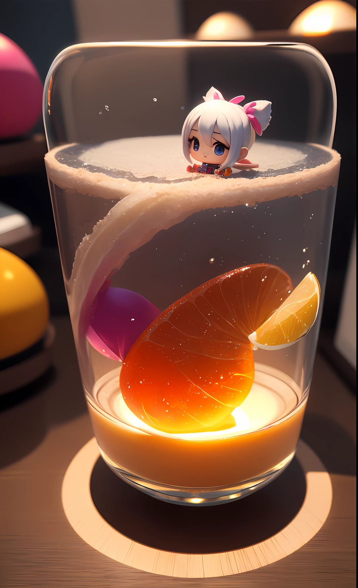 sophisticated mechanical parts,3 D toys bubble ,a white hairs girl in the center,chibi,kawaii,bauhaus,colorful,plastic,product design,glowing jelly,Global Illumination,awesome Lighting,3 D,digital art,close-up.3 d,super detailed,no boundary line,C4D,octane rendering,Blender,HD,full body,simple background