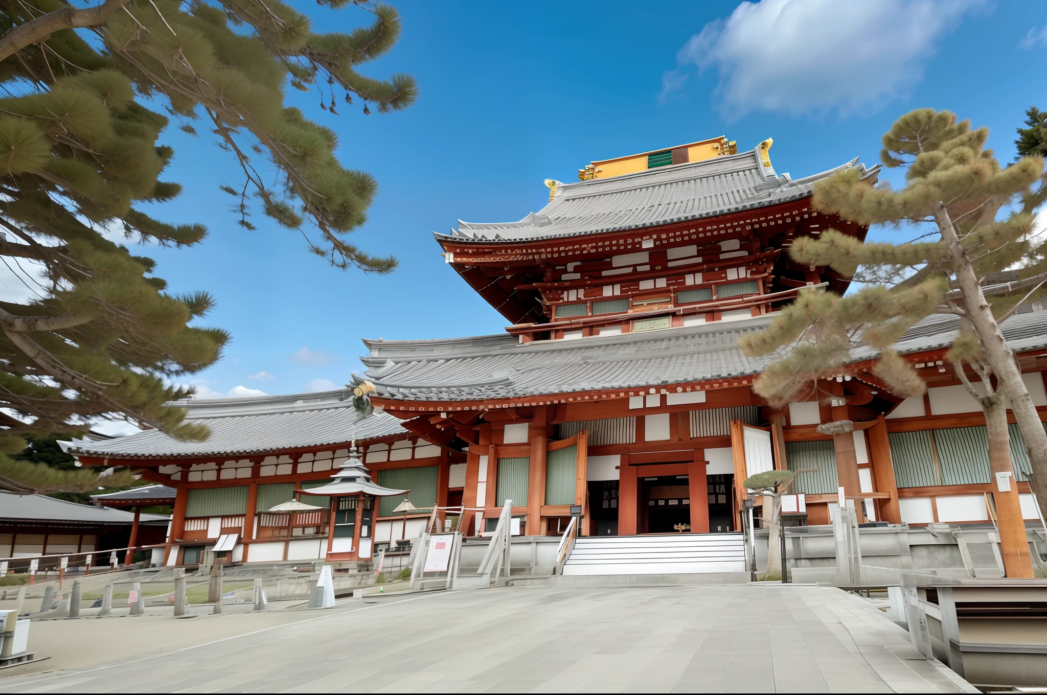 (巨作),(High quality), Best quality, Real Scene,(Realistic), Super detailed, (full detail),(4K),8K,No Man, scenery, Building, architecture, Cloud, Sky, A Japanese shrine,plein-air, daysies, The tree,yama