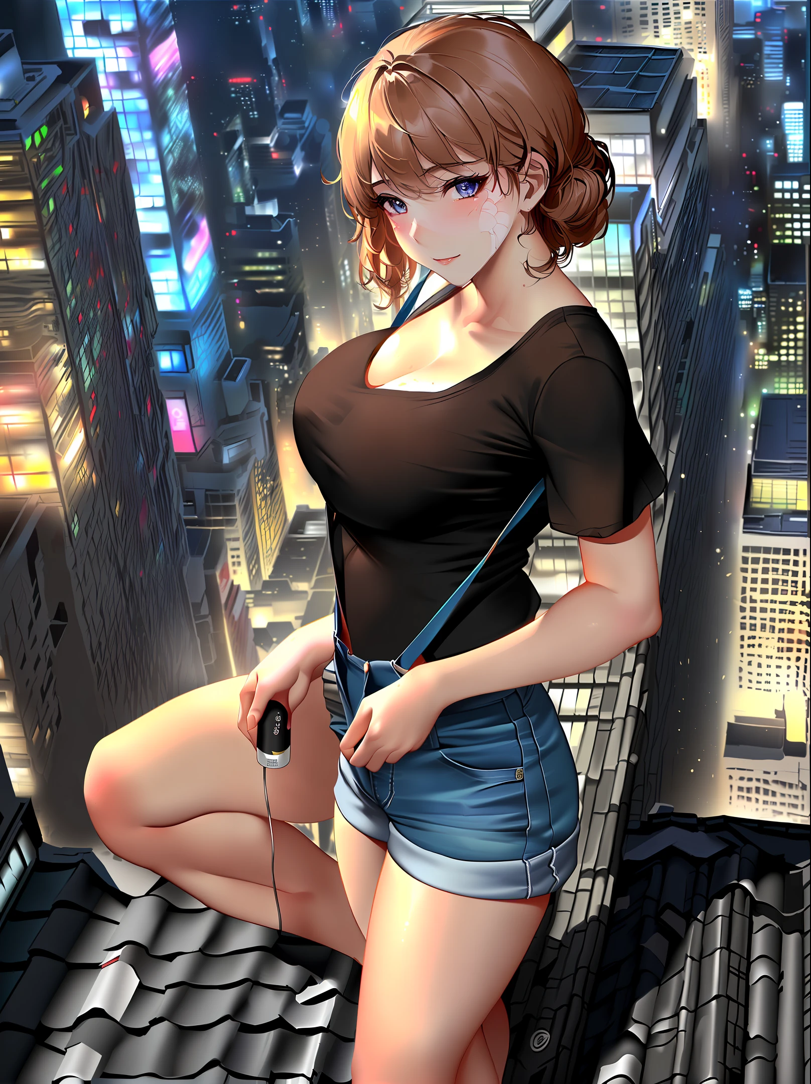 8k, masterpaintings:1.3)), Whole human body, Long legs, Focalors:1.2, perfect figure beautiful woman:1.4, Slim abs:1.1, ( large tits:1.2 )), (white tight t-shirt, Denim suspenders, to stand:1.2), ((city night scene, roof top:1.3)), Highly detailed facial and skin texture, detailed eye, 双眼皮