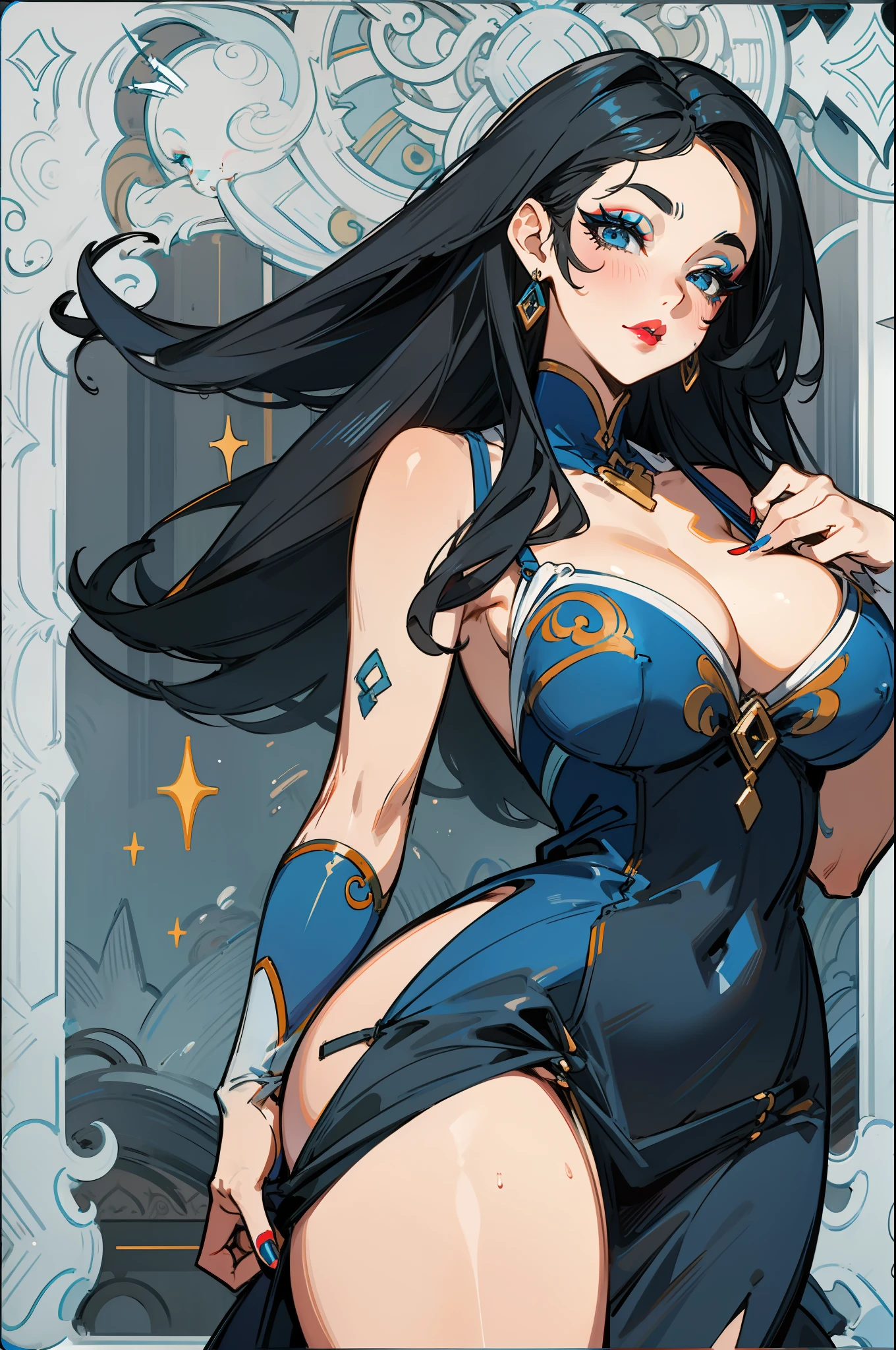 A sensual woman with long black hair, large breasts, thick thighs, blue eyes, makeup, red lipstick on her lips, shuddering beauty, seductive look, wearing a blue dress, multiple poses, shapes and expressions, hair in the wind.
