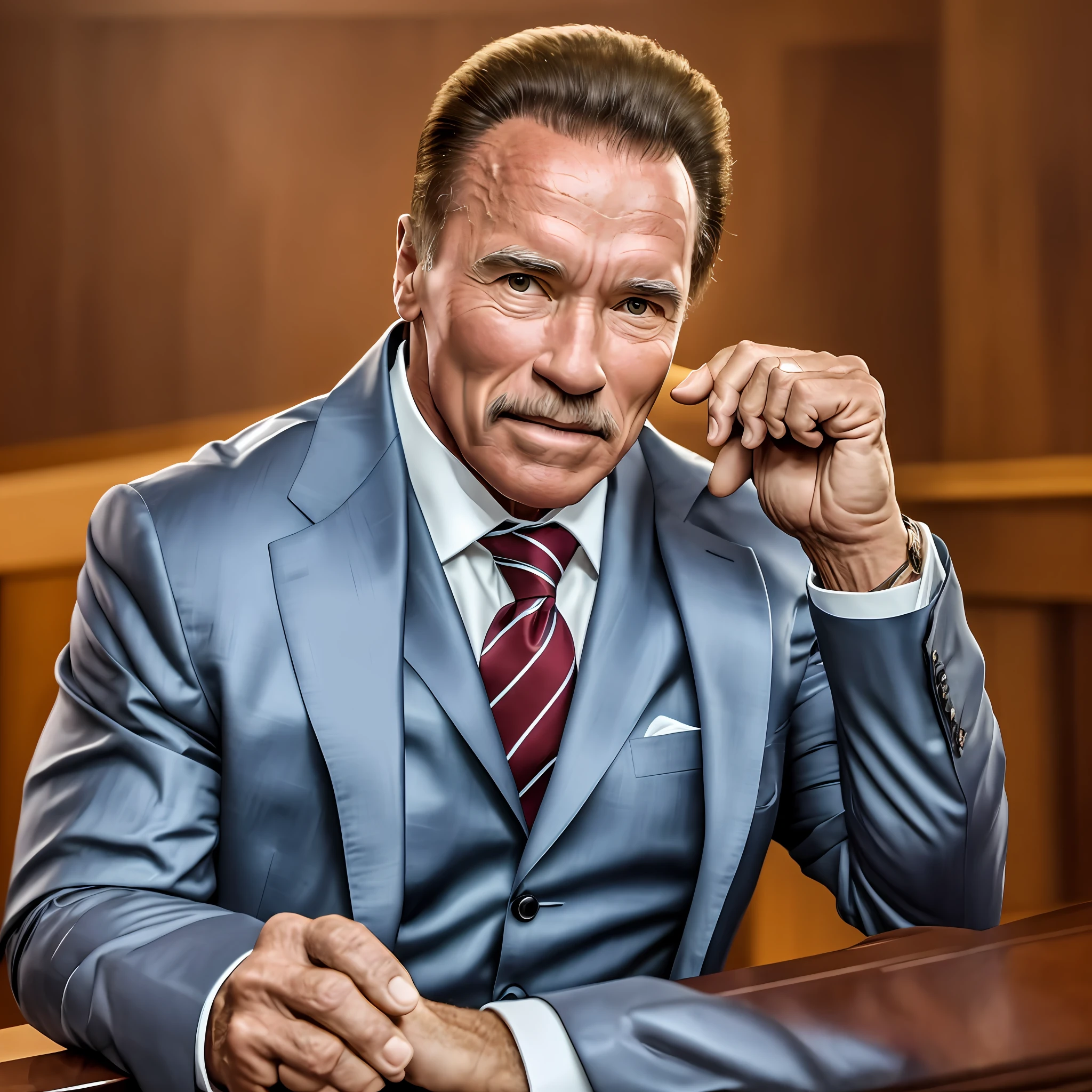 Photo of Arnold Schwarzenegger , 70 years, successful appearance, brown skin, air of seriousness, wearing suit and tie, best quality, rim lighting, highly detailed skin, 8k uhd, dslr, high quality, high resolution, 4k, 8k --auto --s2
