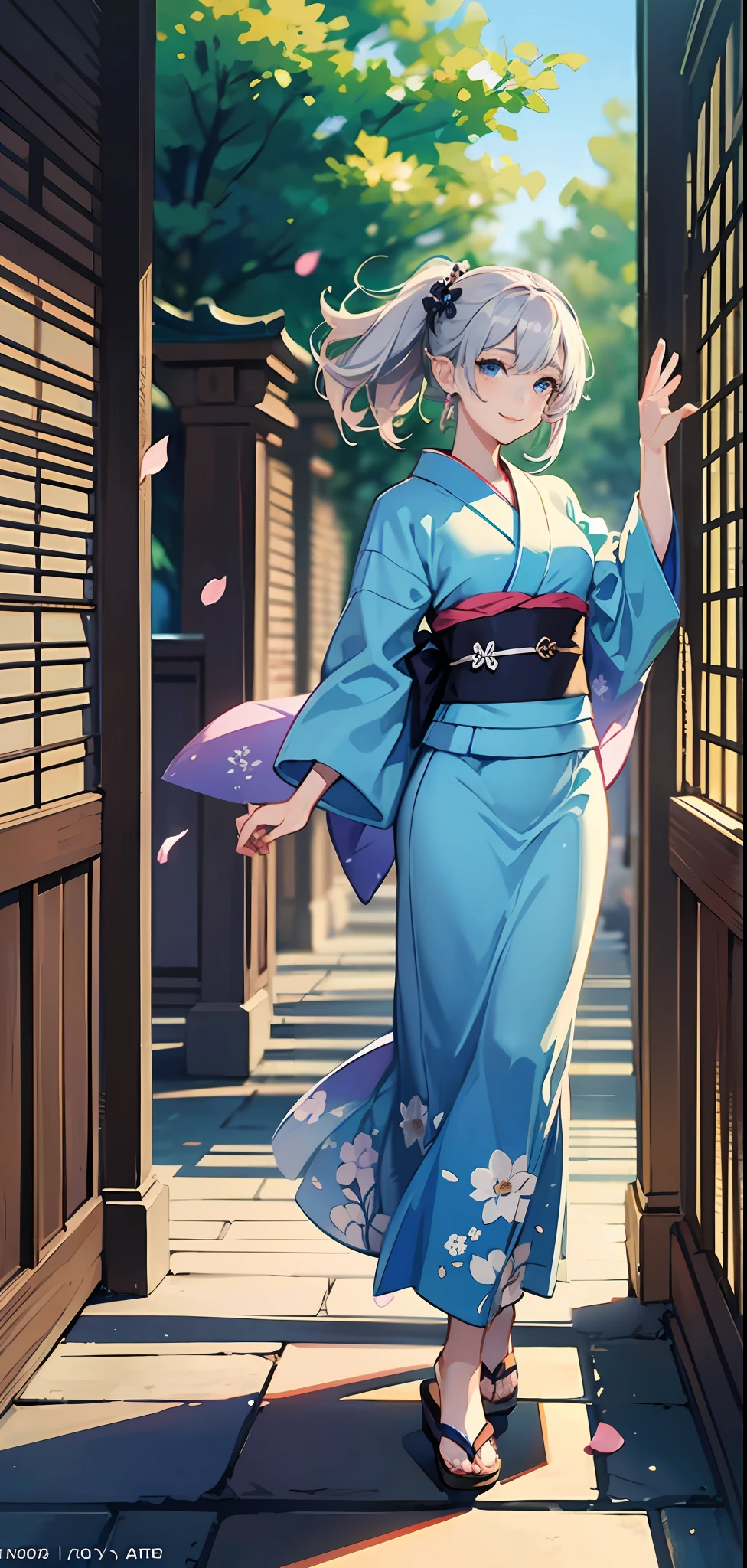 Elf, young girl, blue eyes, silver hair color, floating hair, delicate and flexible eyes, Wear yukata, gorgeous accessories, FOV, f/1.8, masterpiece, ancient Japanese architecture, blue sky, flower petals flying, full body, standing in front, front portrait shot, best lighting, best shadow,, side lighting, sunlight on people, 8K, smile,