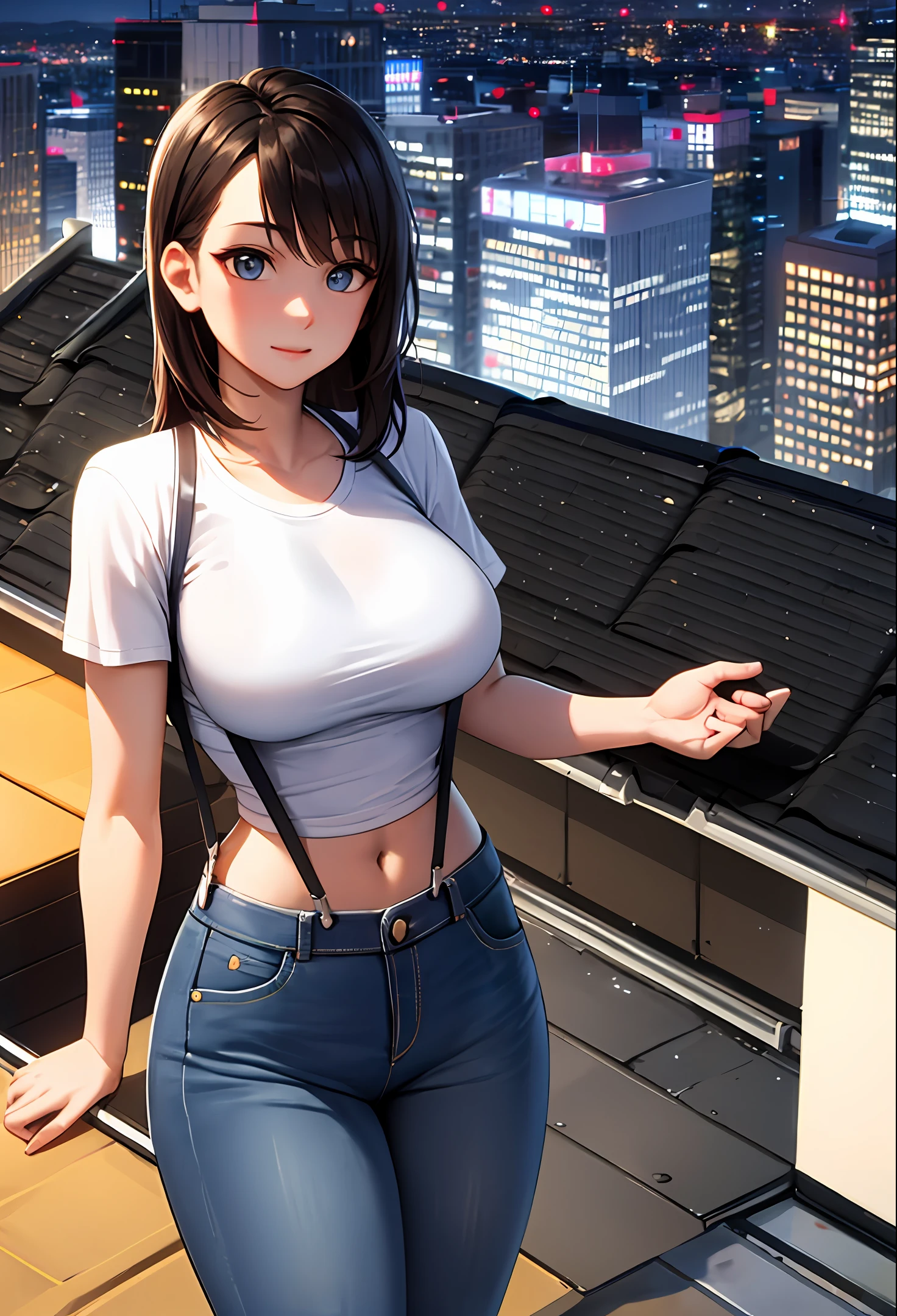 8k, , Whole human body, Long legs, Focalors:1.2, perfect figure beautiful woman:1.4, Slim abs:1.1, ( large tits:1.2 )), (white tight t-shirt, Denim suspenders, to stand:1.2), ((city night scene, roof top:1.3)), Highly detailed facial and skin texture, detailed eye, 双眼皮