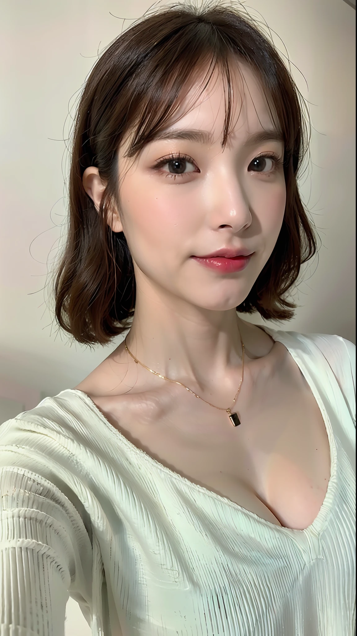 (Best quality, 8k, 32k, Masterpiece, UHD:1.2),Photo of Pretty Japanese woman, large breasts, very short bob hair,upper body,face focus,oversized_sweater, necklace, simple background, from above, looking at viewer,