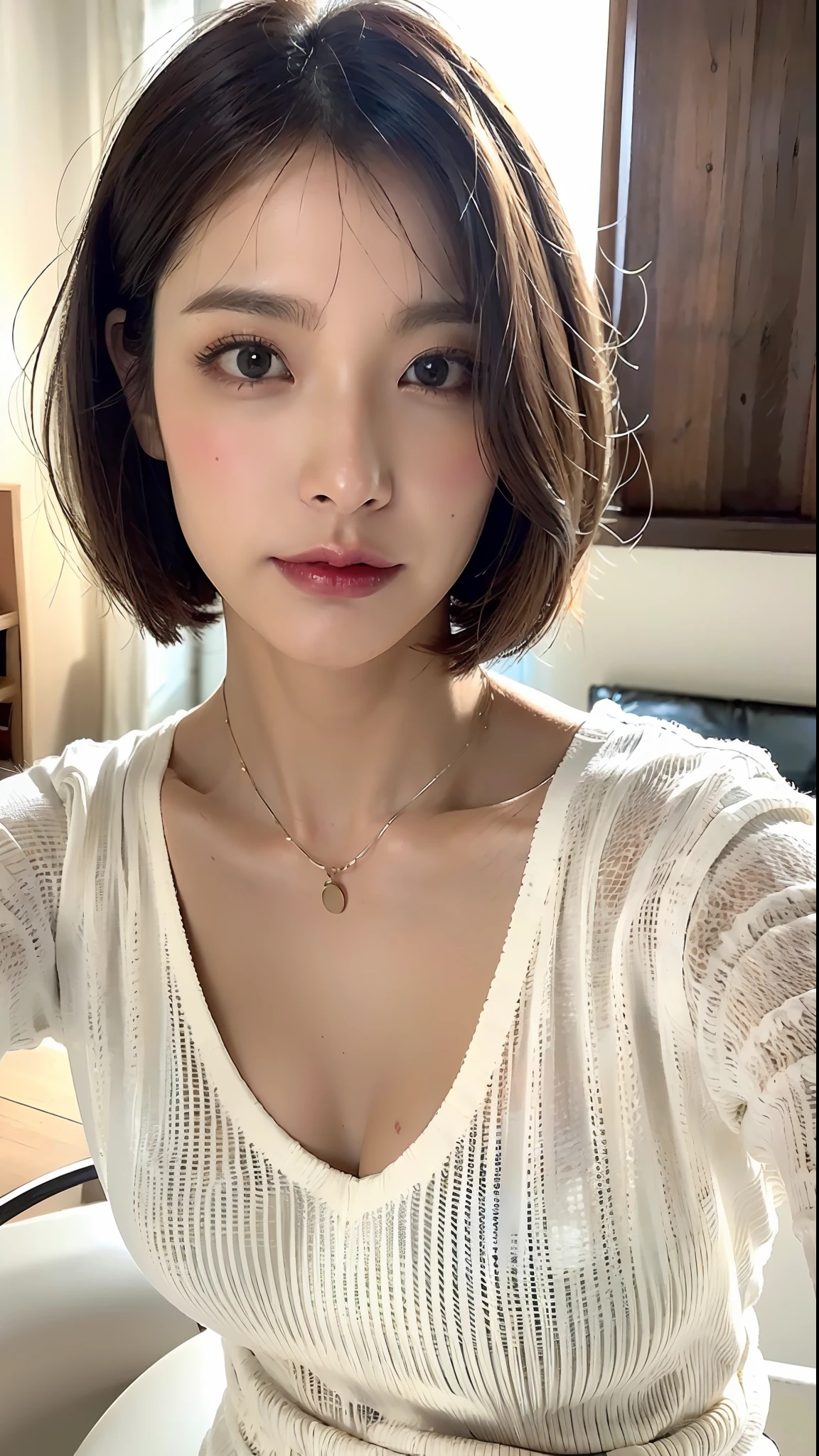 (Best quality, 8k, 32k, Masterpiece, UHD:1.2),Photo of Pretty Japanese woman, large breasts, very short bob hair,upper body,face focus,oversized_sweater, necklace, simple background, from above, looking at viewer,