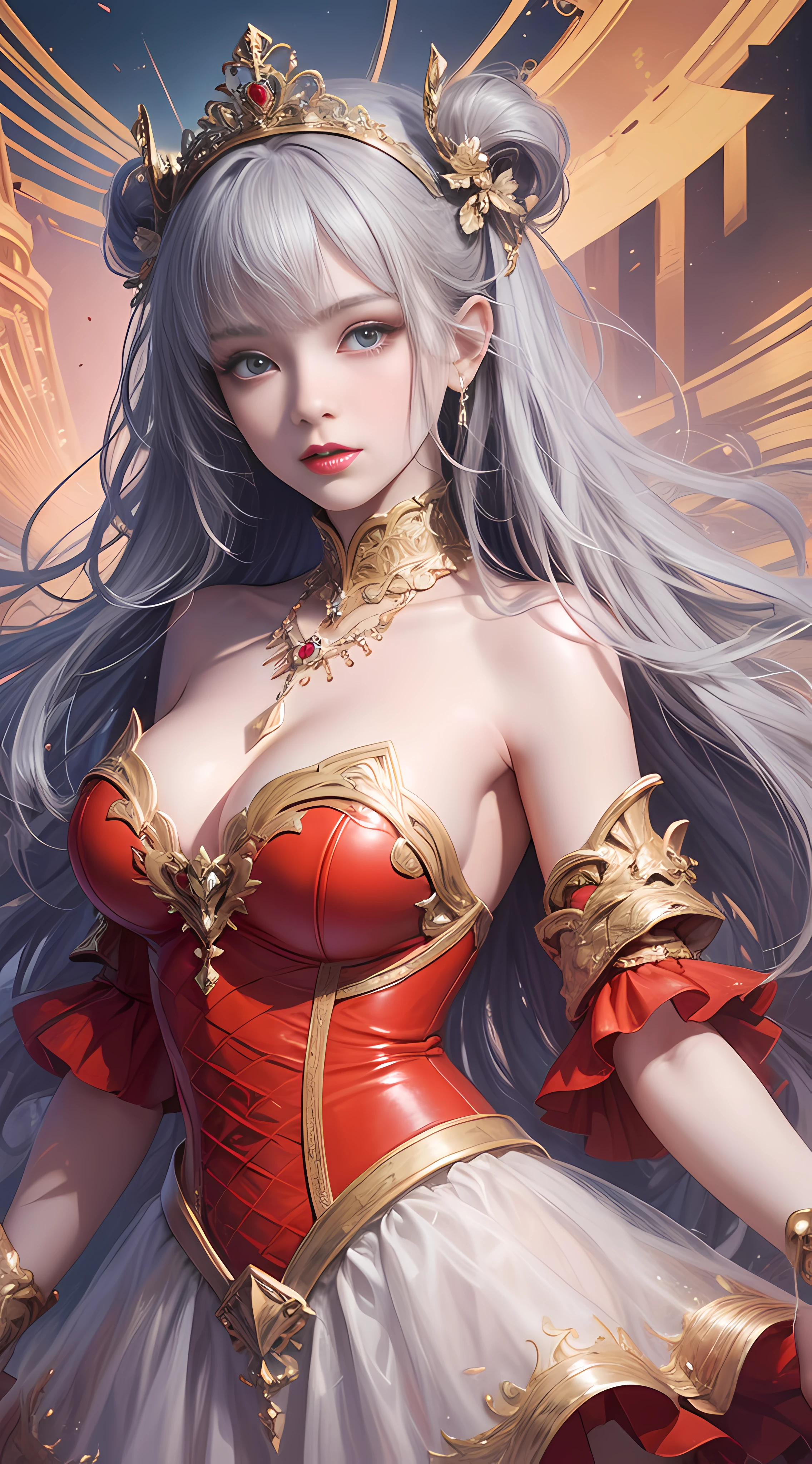 Ultra high quality,8K,Girls do not show their breasts,Do not show your chest,High cold wind,red lip,The head proportions are perfect,silverlong hair,Princess dress red and white color scheme,Swan neck,and the sun is shining,necklace of diamonds,The body is well-proportioned,The color of the clothing is bright, High saturation,High detail depiction