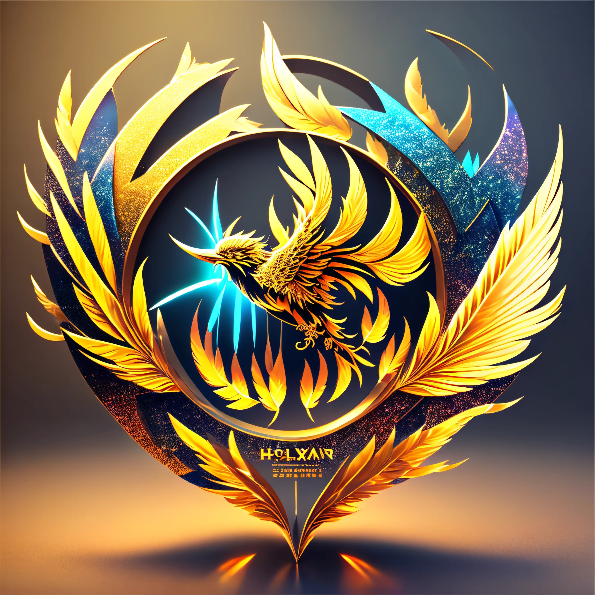 (巨作),Best quality,Ultra-detailed,3D,(phoenixes)The flight and shine of the LOGO,(Rendering of holograms),(Three-dimensional line design),(Perfect symmetrical design),(Golden feathers and eyes),(Holoreflection effect),(Giant wings),(Circular logo design),Brilliant colors and gradients,Flying sparks,A new texture feeling。 --auto