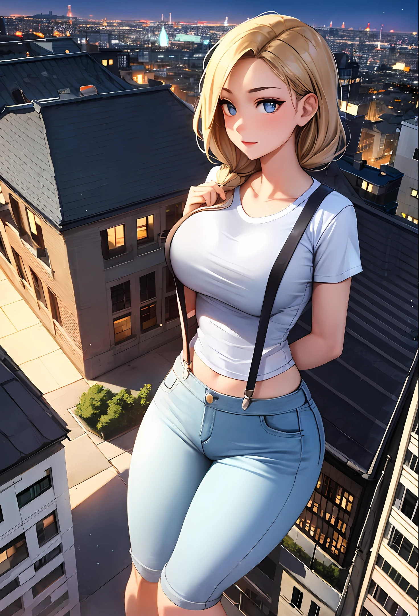 8k, , Whole human body, Long legs, Focalors:1.2, perfect figure beautiful woman:1.4, Slim abs:1.1, ( large tits:1.2 )), (white tight t-shirt, Denim suspenders, to stand:1.2), ((city night scene, roof top:1.3)), Highly detailed facial and skin texture, detailed eye, 双眼皮