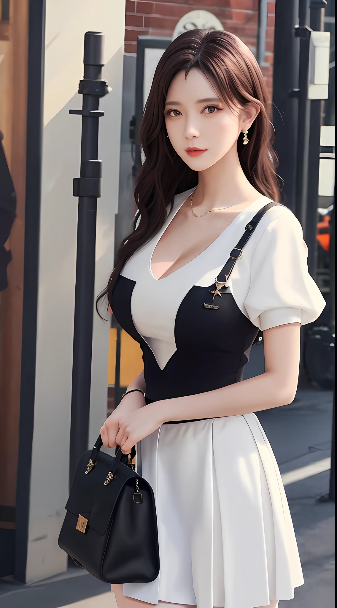 optimal quality， masterpaintings， 1girl huge large breasts， beatutiful face， （photo realistic：1.3）， edgelighting， （High Detail Skins：1.2）， 8K  UHD， hightquality， high resolucion， 4k， 8k， bokeh， Preposterous， Optimal proportions of four fingers and one thumb， （pphotorealistic：1.3）， Cute 1girl， wearing along white dress， mediuml breasts， a short skirt，
