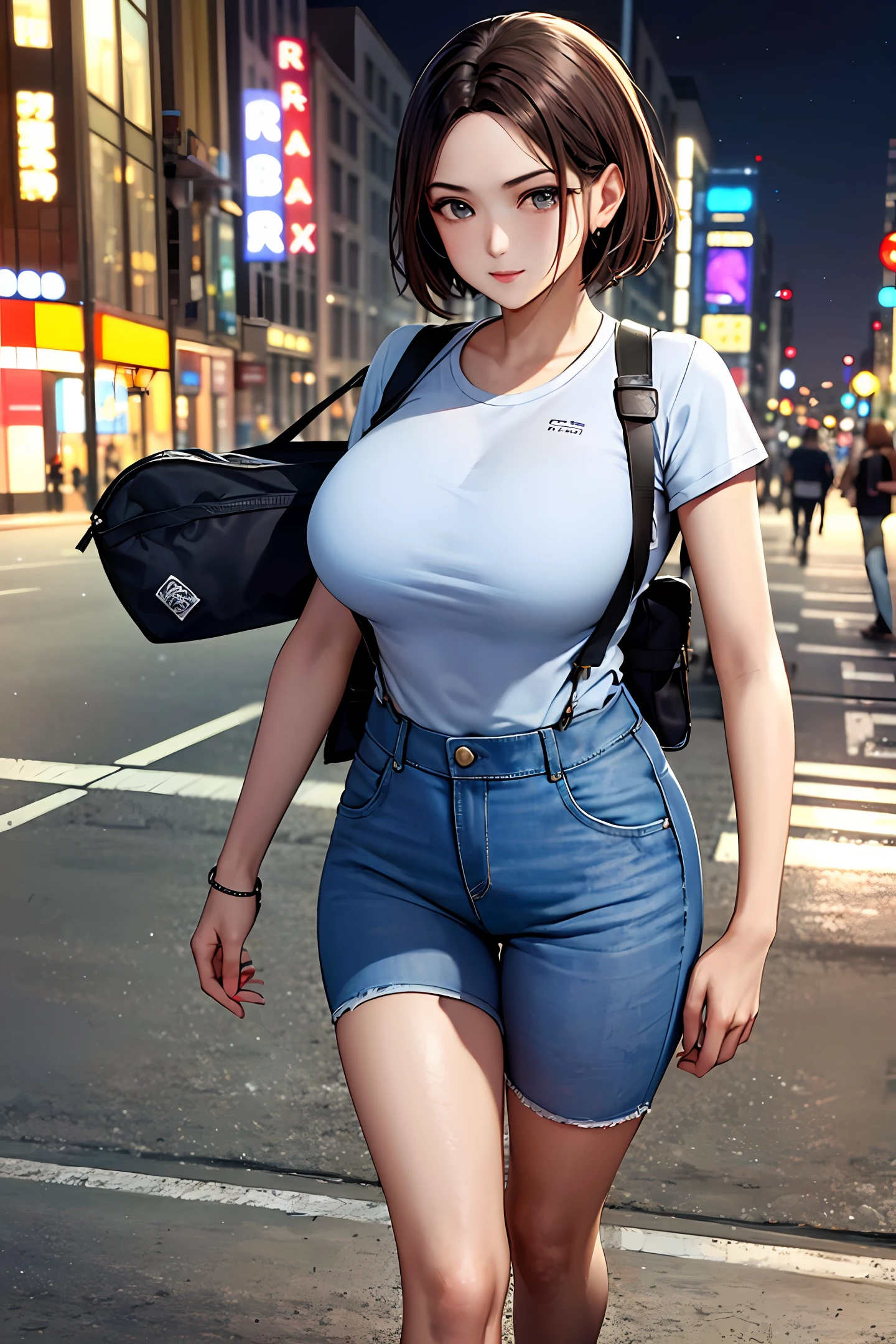 8k, , Whole human body, Long legs, Focalors:1.2, perfect figure beautiful woman:1.4, Slim abs:1.1, ( large tits:1.2 )), (white tight t-shirt, Denim suspenders, to stand:1.2), ((city night scene, Highly detailed facial and skin texture, detailed eye, 双眼皮