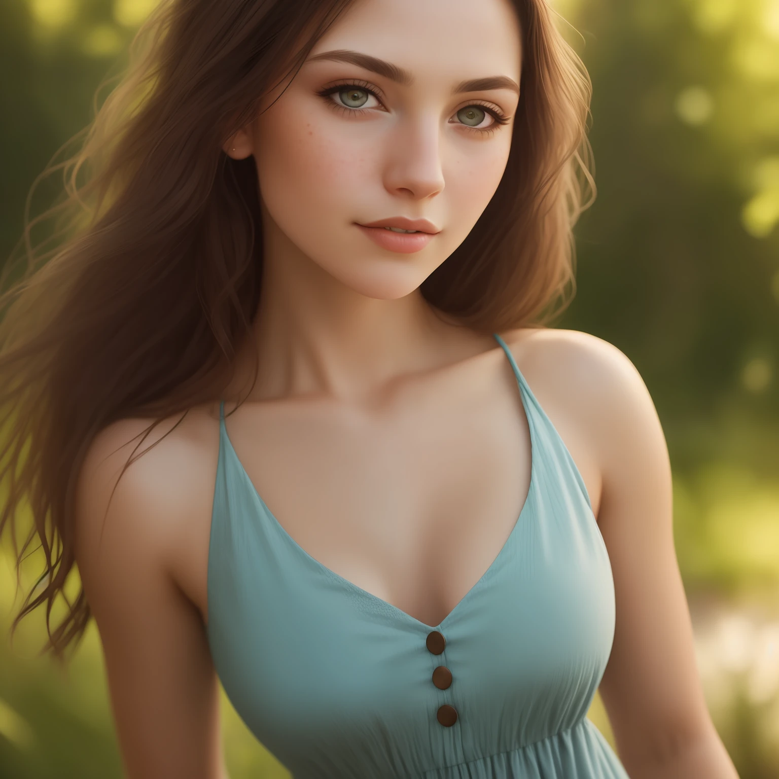 Photo, (sharp focus:1.2), attractive young woman, (beautiful face:1.1), detailed eyes, (smile:0.7), (body freckles:0.9), (medium breasts:0.8), (toned body:1.2), shiny (brown hair:1.1), wearing (sundress:1.2). depth of field. 4K, HDR. by (James C. Christensen:1.2|Jeremy Lipking:1.1).