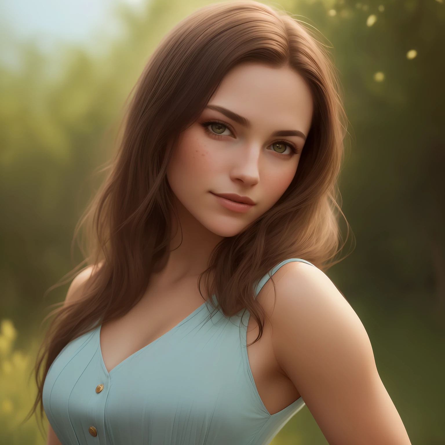 Photo, (sharp focus:1.2), attractive young woman, (beautiful face:1.1), detailed eyes, (smile:0.7), (body freckles:0.9), (medium breasts:0.8), (toned body:1.2), shiny (brown hair:1.1), wearing (sundress:1.2). depth of field. 4K, HDR. by (James C. Christensen:1.2|Jeremy Lipking:1.1).