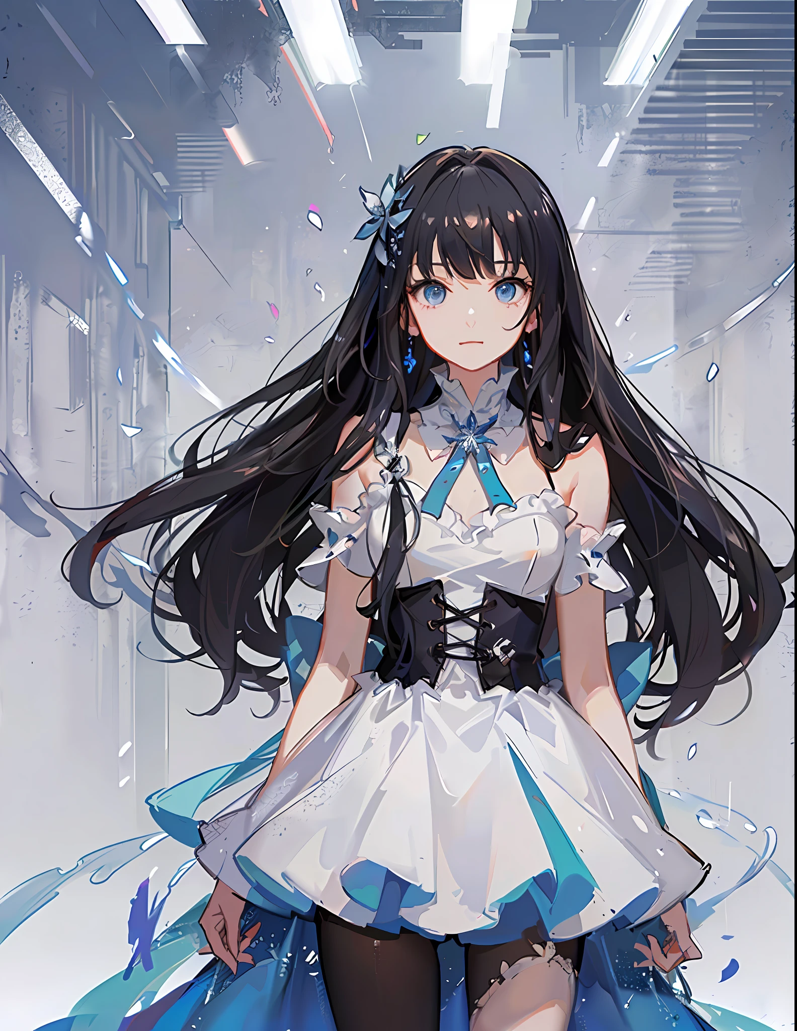 Girl with long black hair and blue eyes wearing white dress，solidbackground，daily，modern day。