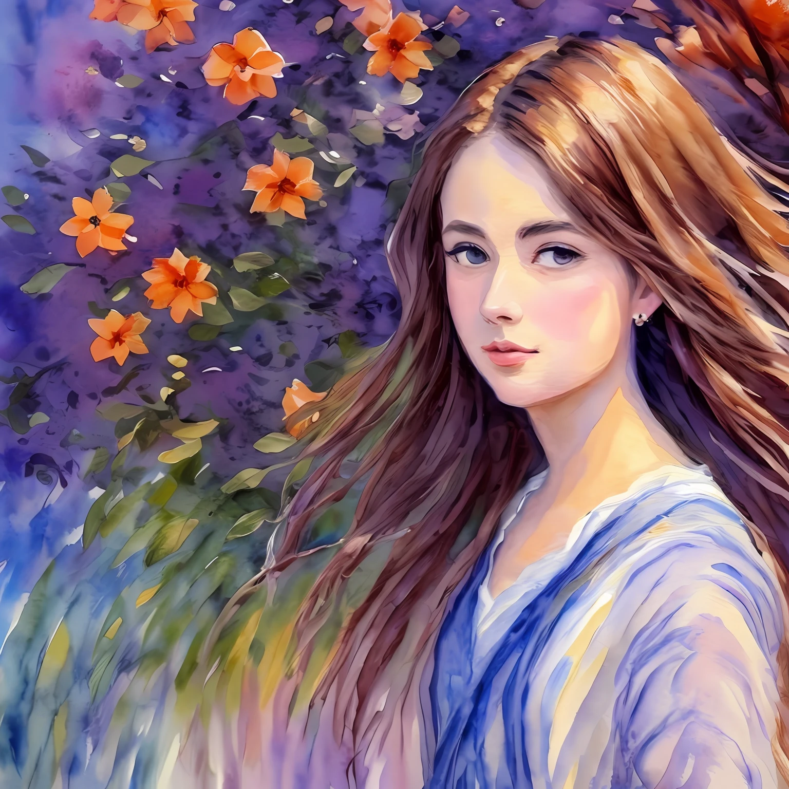 a stunning watercolor painting on canvas of a beautiful woman, in the style of Claude Monet :: 4 Giverny, impressionism, impressionistic landscapes, pastel colors, impressionistic portraits :: 3 exaggerated blurry brushstrokes :: 5 --quality 2 --s 750 --v 5.2 - --auto