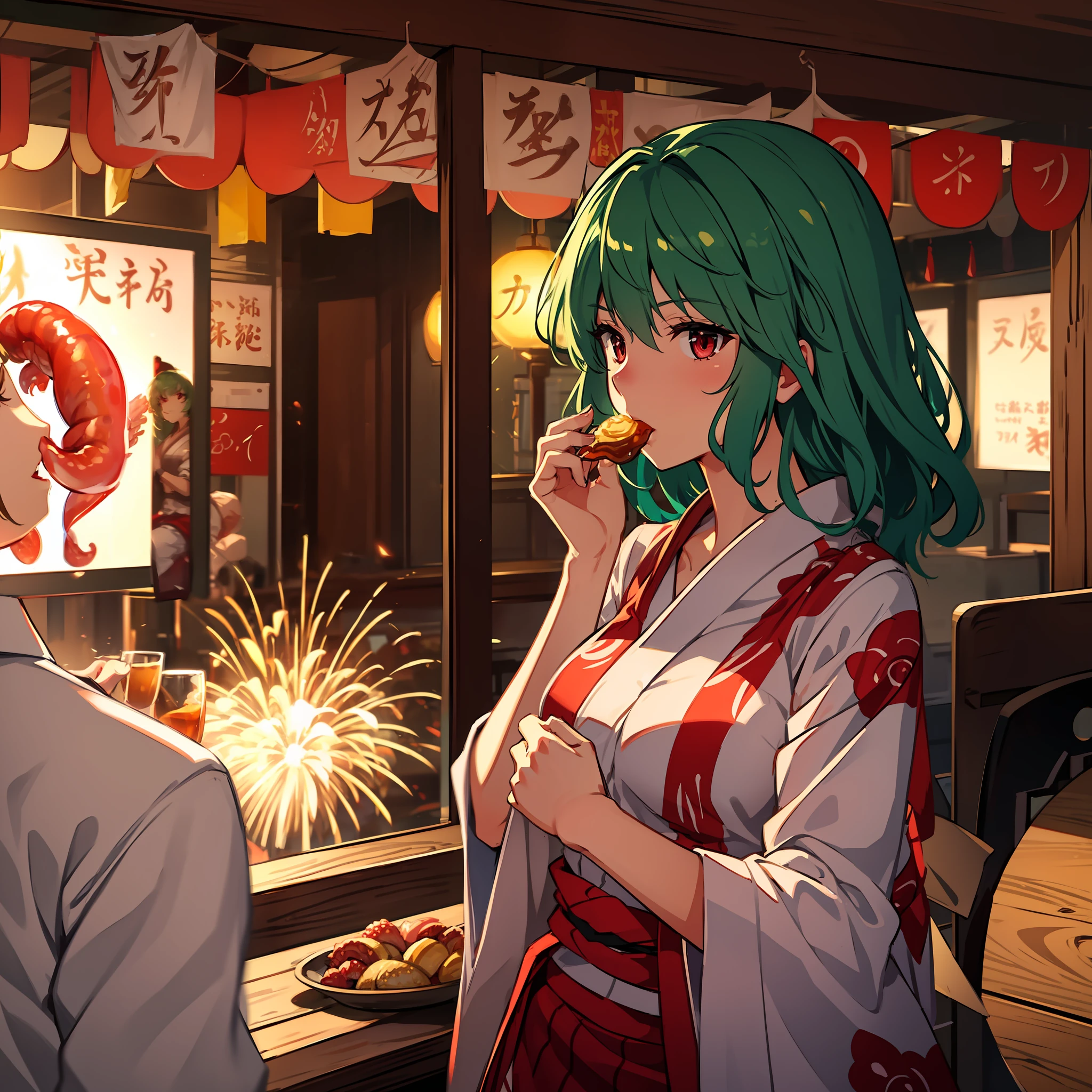 Maste Piece, Fine detail, 4K, 8K, 12K, Solo, One person, Beautiful Girl, caucasian female, Yuka Kazami of the Touhou Project, Green hair、Yukata, Eating🦑, Summer Festival, Fireworks