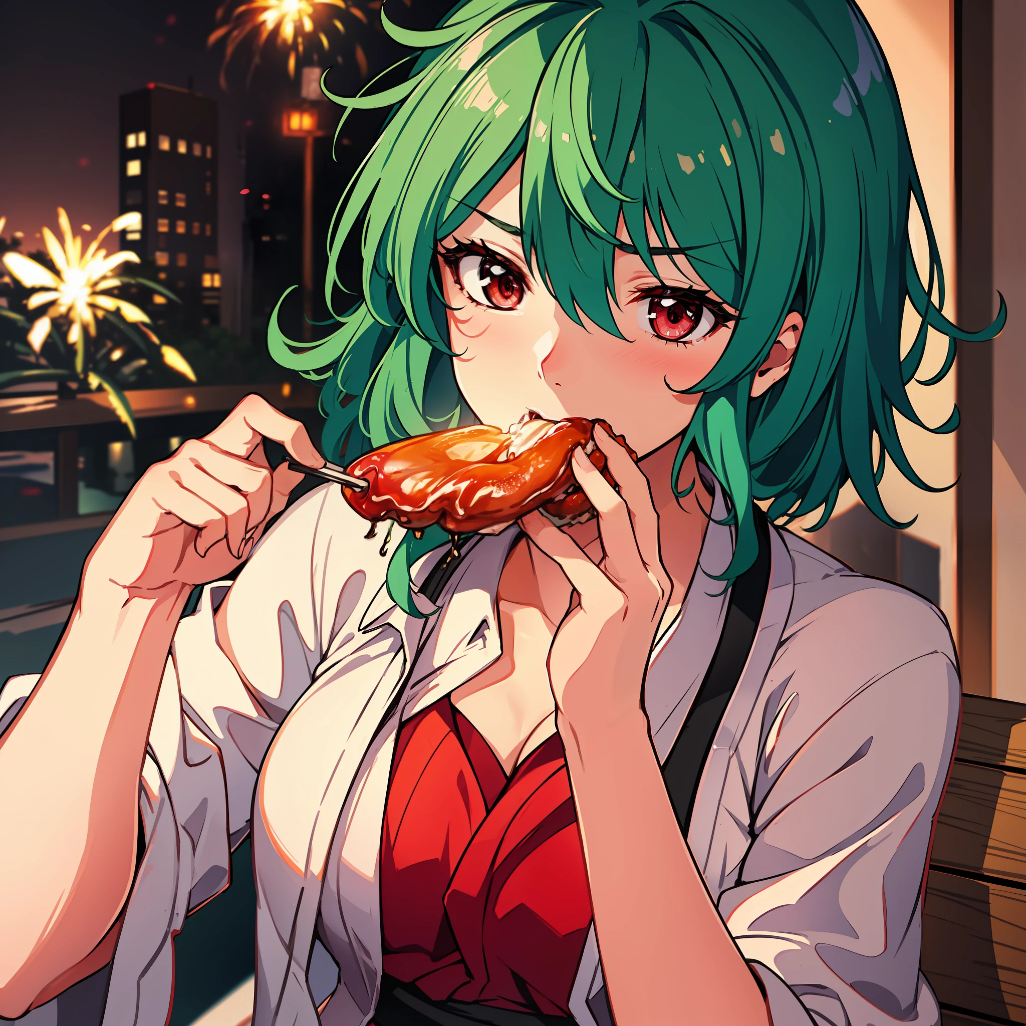 Maste Piece, Fine detail, 4K, 8K, 12K, Solo, One person, Beautiful Girl, caucasian female, Yuka Kazami of the Touhou Project, Green hair、Yukata, Eating🦑, Summer Festival, Fireworks