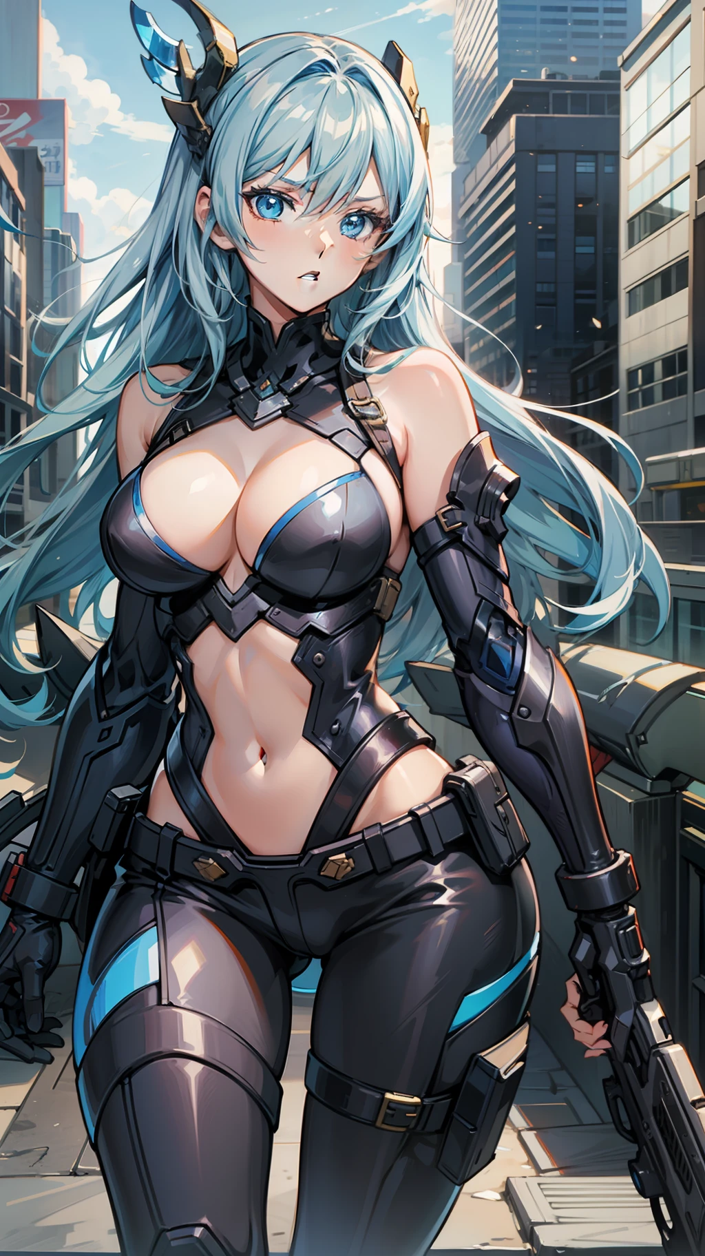 the female anime hero will fight to protect her city in this scene, 1girl, breasts, solo, weapon, long hair, gun, looking at viewer, blue eyes, holding, holding weapon, parted lips, between breasts, cleavage