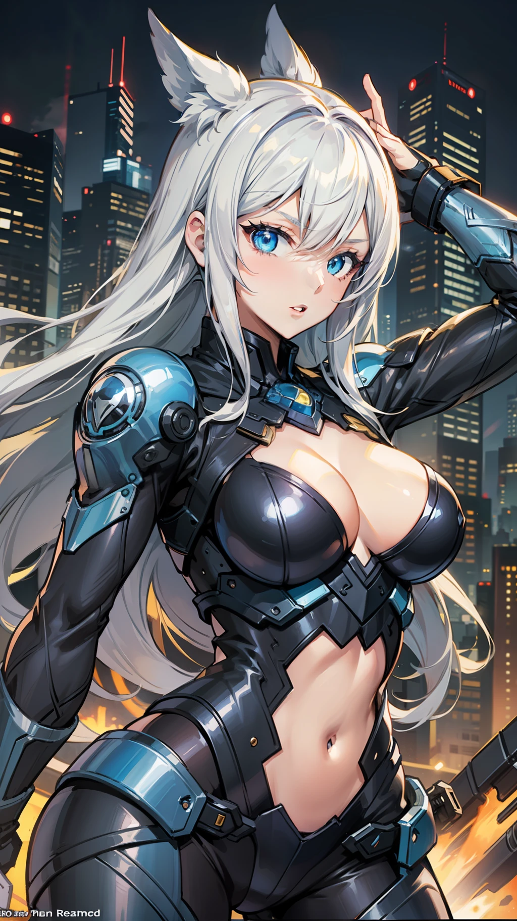 the female anime hero will fight to protect her city in this scene, 1girl, breasts, solo, weapon, long hair, gun, looking at viewer, blue eyes, holding, holding weapon, parted lips, between breasts, cleavage