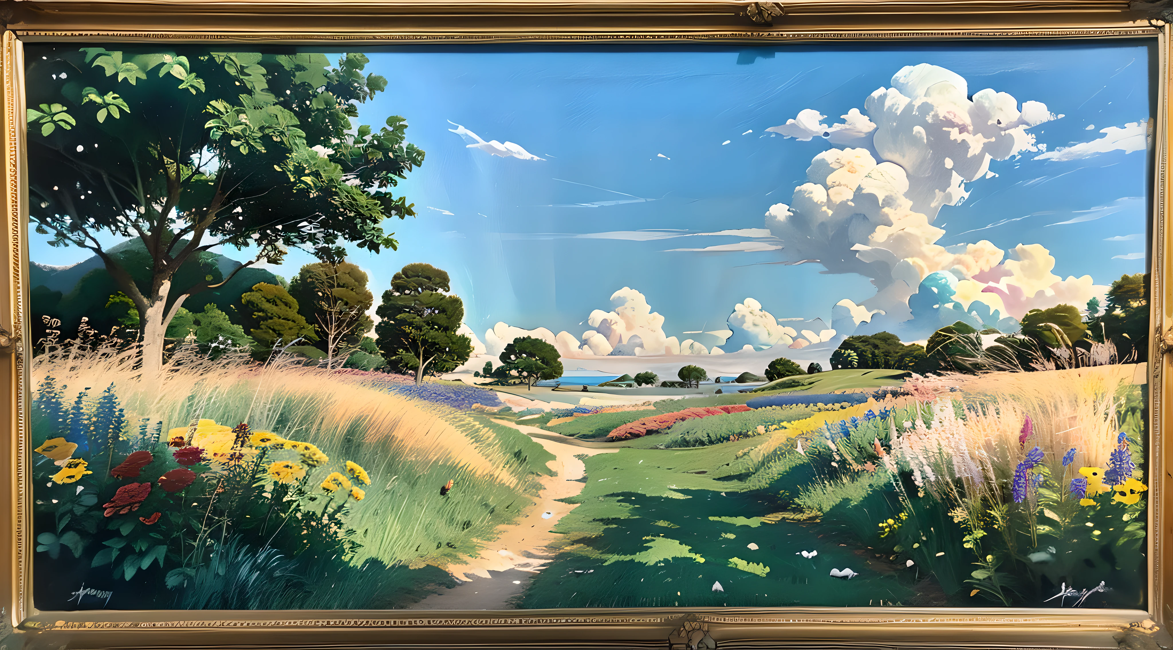 Realistic, authentic, beautiful and amazing landscape oil painting Studio Ghibli Hayao Miyazaki's petal grassland with blue sky and white clouds --v6