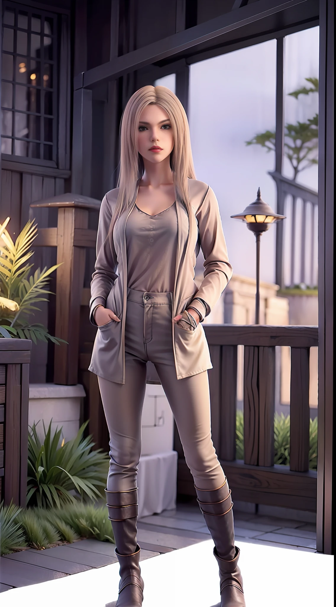 kaisha，ultra-high-resolution，pphotorealistic，Photorealistic， imagination， （realisic），composition， （HDR：1.5）， plein-air， Complicated details，shirt with collar，Leggings，Long boots，8K，to stand，Long legs，looking at the spectator，Put your hands in your pockets，red lip，耳环，