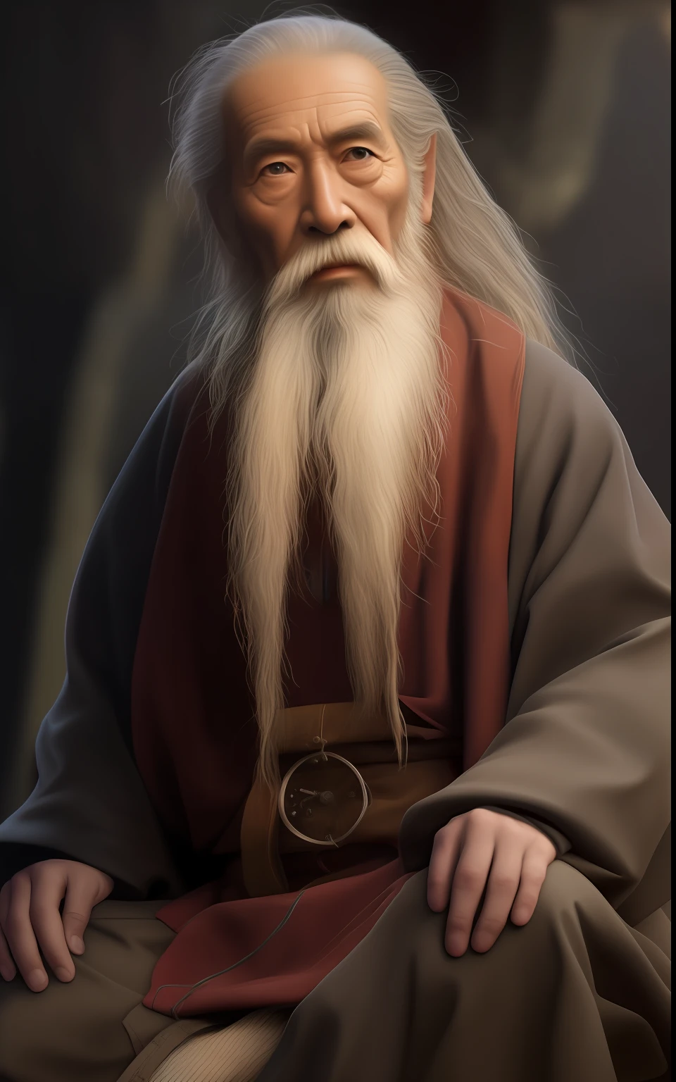 a close up of a man with a long beard sitting on a chair, Wise old man, inspired by Wu Daozi, Inspired by Hu Zaobin, inspired by Li Gonglin, An old man, very long white beard and hair, old jedi master, a old man, ancient mystical time lord, Old man, long grey beard --auto