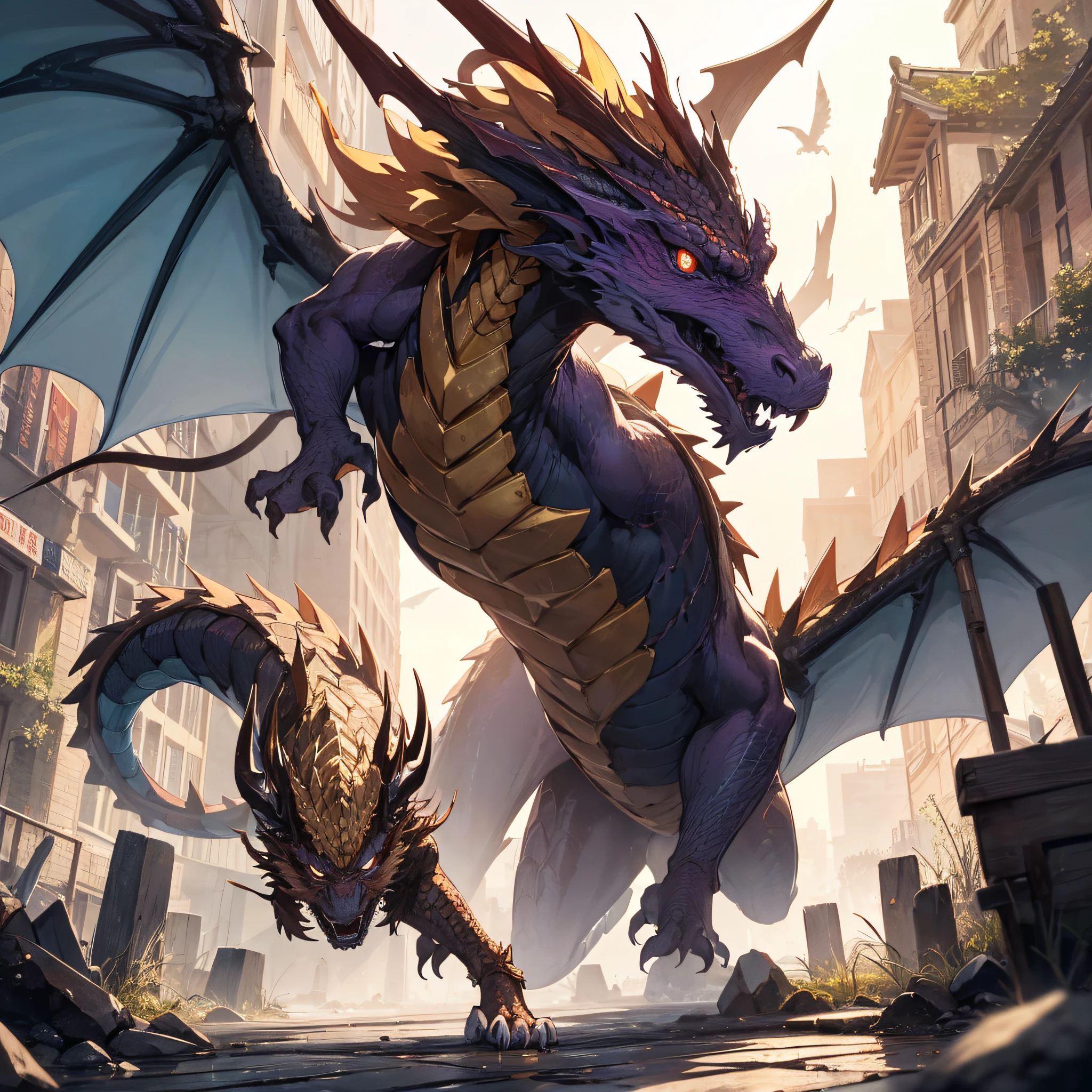 (The golden dragon,The texture is magnificent,Gorgeous,SuperiorQuality,The texture is fine,Unique CG illustration), Gradually show the appearance of the dragon,Hideous expression,From the tap,Ghostly eyes,Winding dragon body,Fine dragon scales,Flashing dragon claws,Smoke is flying,The sun shines,Taken in a vast mountain range,In a walled city where tradition and modernity coexist,It has a strong atmosphere of ancient culture,Add a purple vibe to your scene,The perfect blend of depicting the dragon and the background。